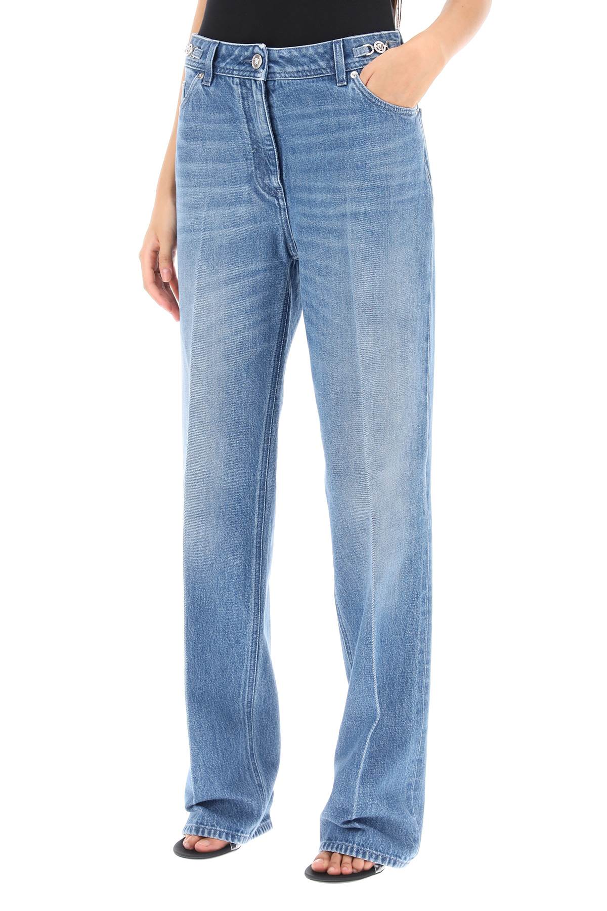 Shop Versace Boyfriend Jeans With Tailored Crease In Blue