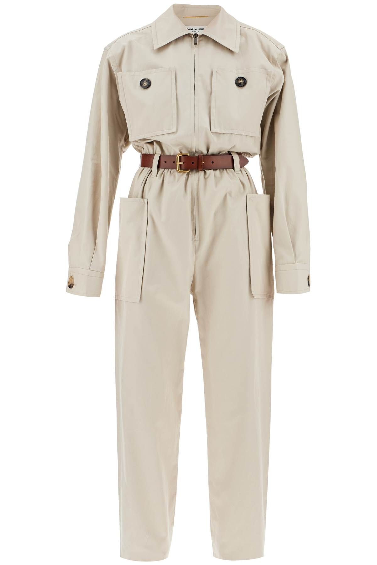 Shop Saint Laurent Cotton Jumpsuit With Belt In Beige