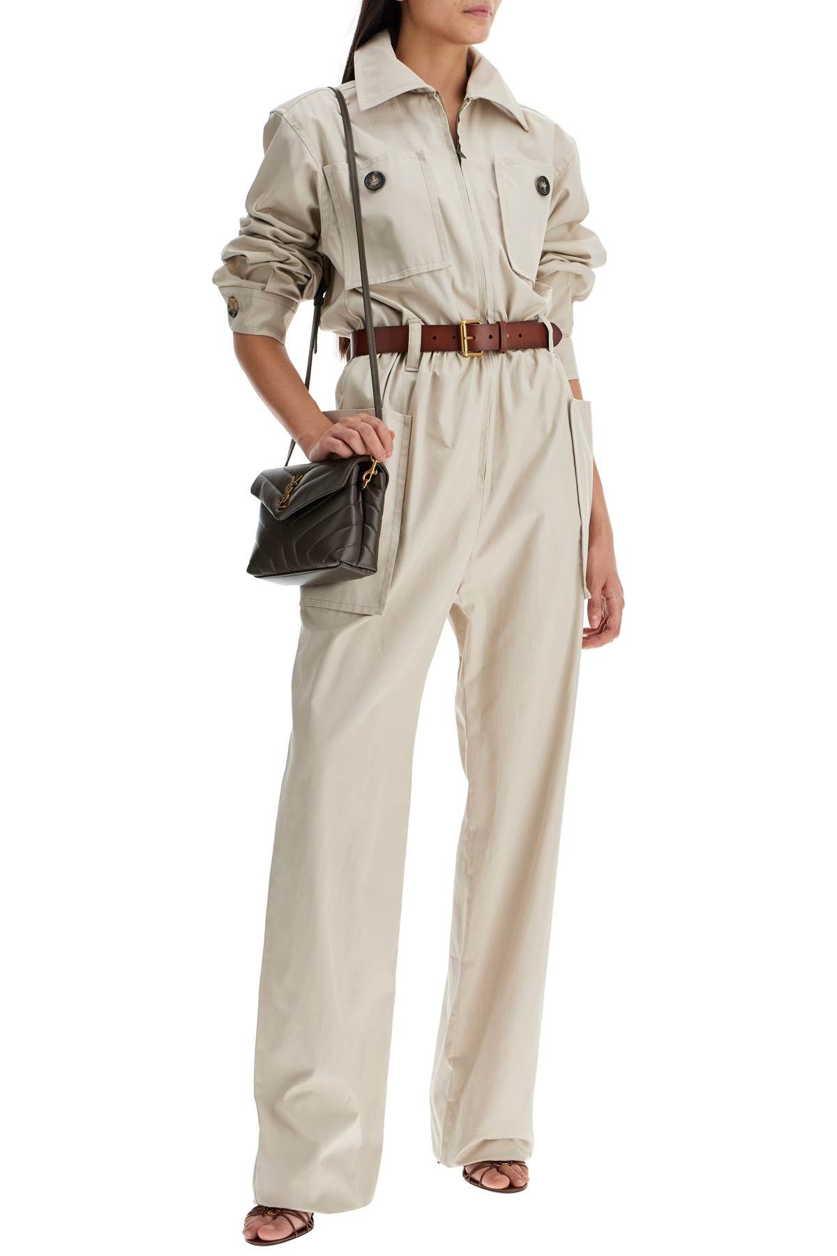 Shop Saint Laurent Cotton Jumpsuit With Belt In Beige