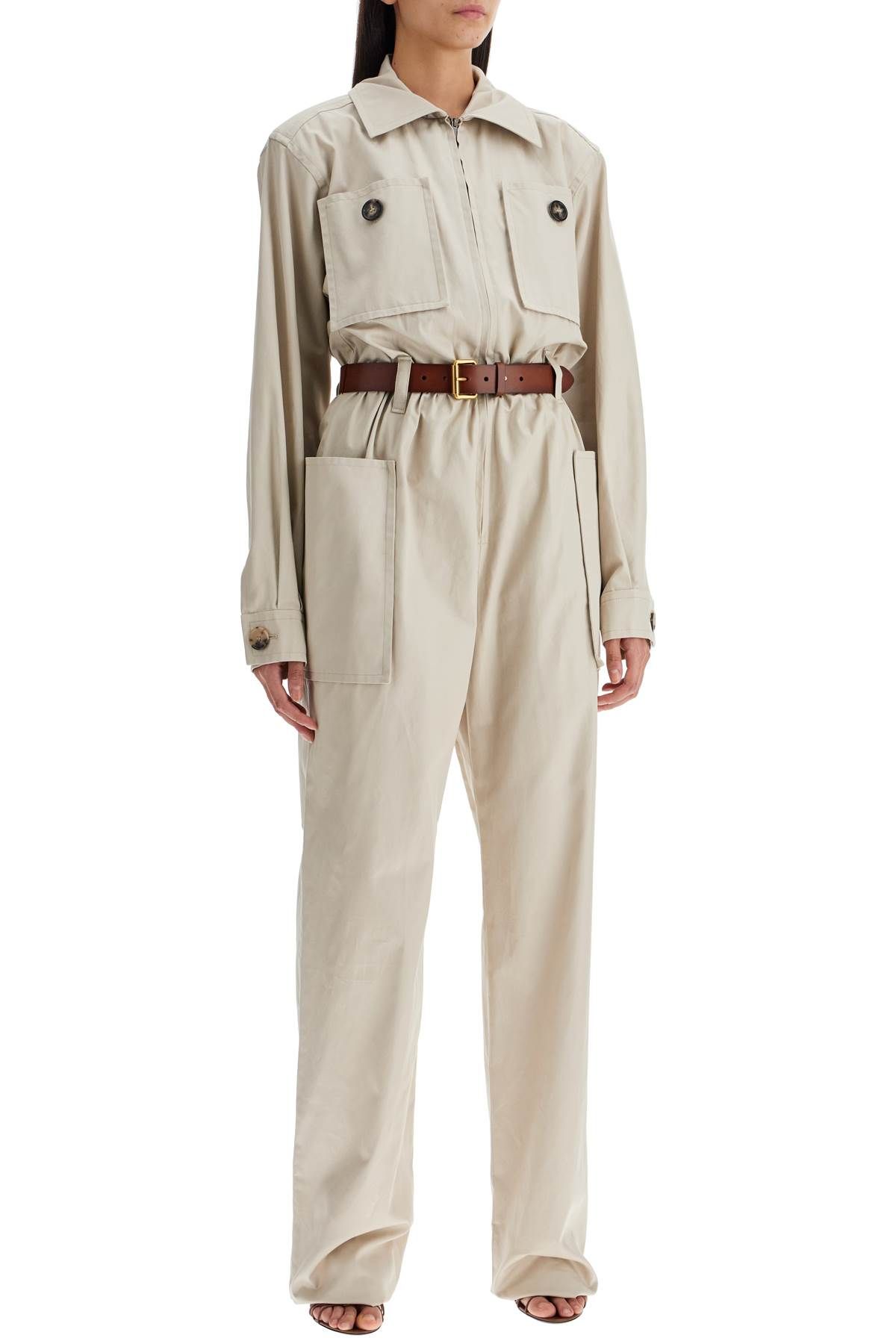 Shop Saint Laurent Cotton Jumpsuit With Belt In Beige