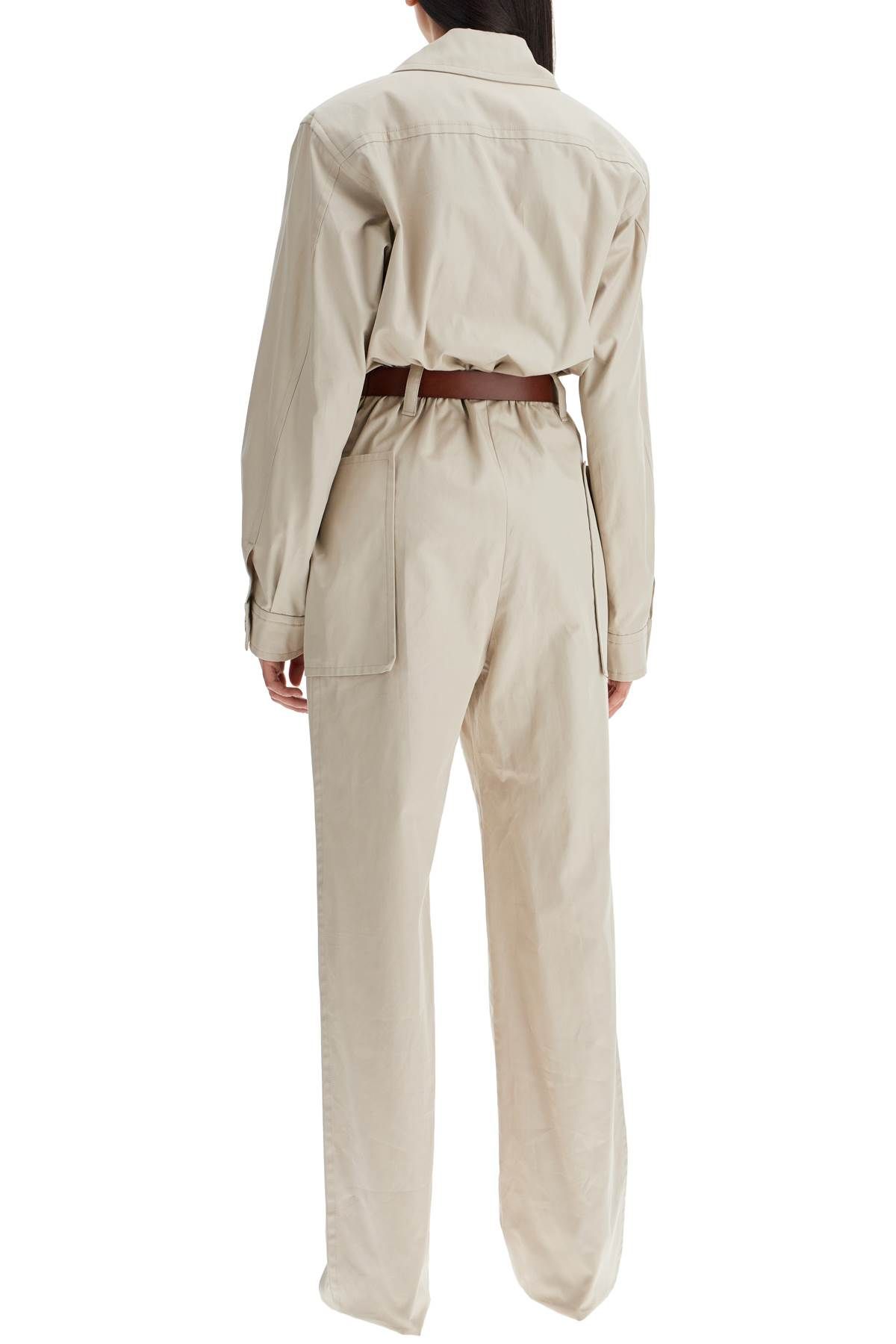 Shop Saint Laurent Cotton Jumpsuit With Belt In Beige