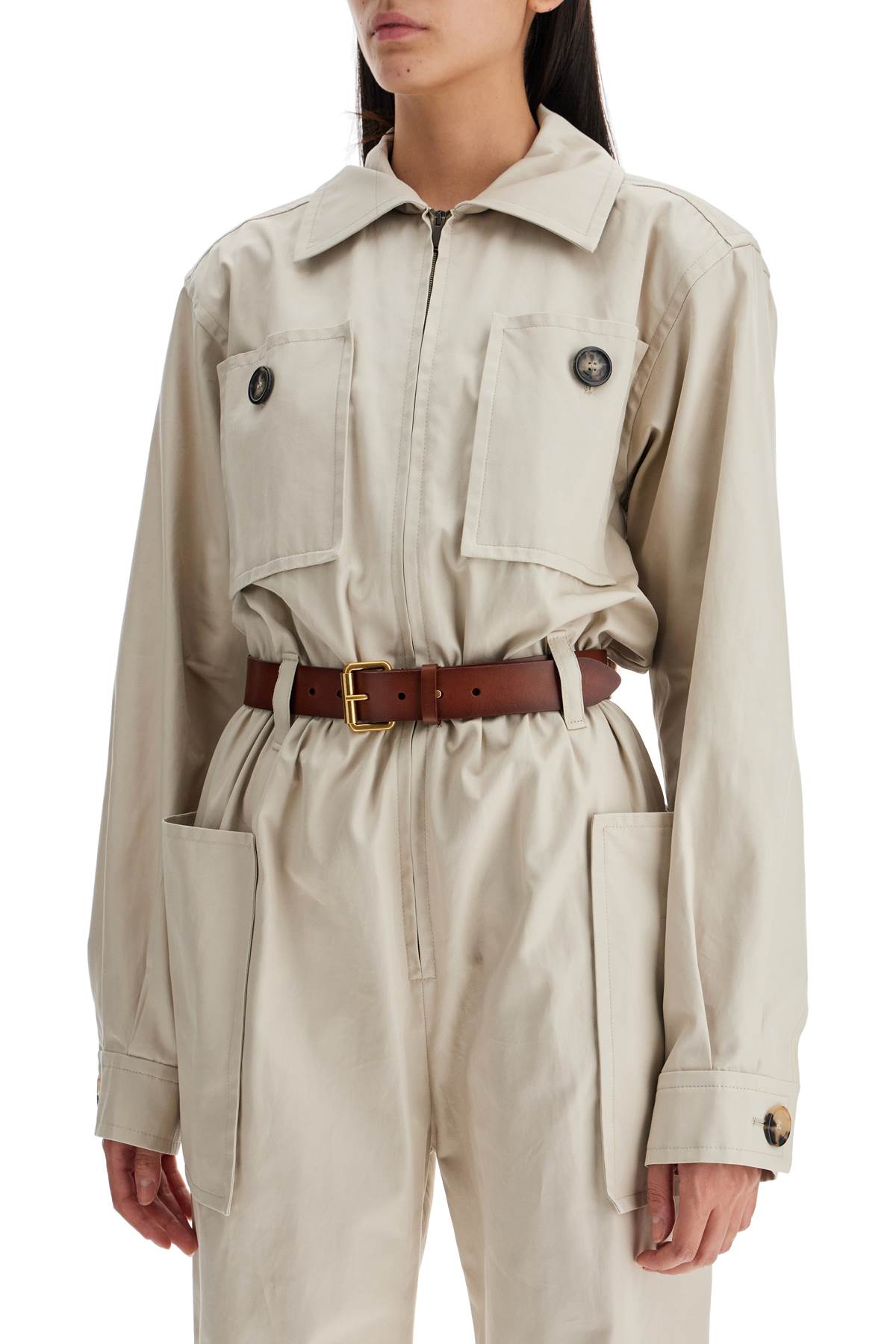 Shop Saint Laurent Cotton Jumpsuit With Belt In Beige