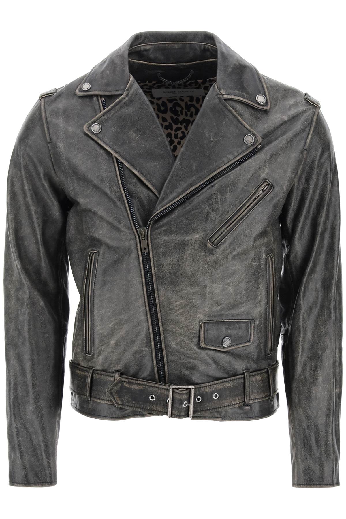 Shop Golden Goose Vintage-effect Leather Biker Jacket In Black