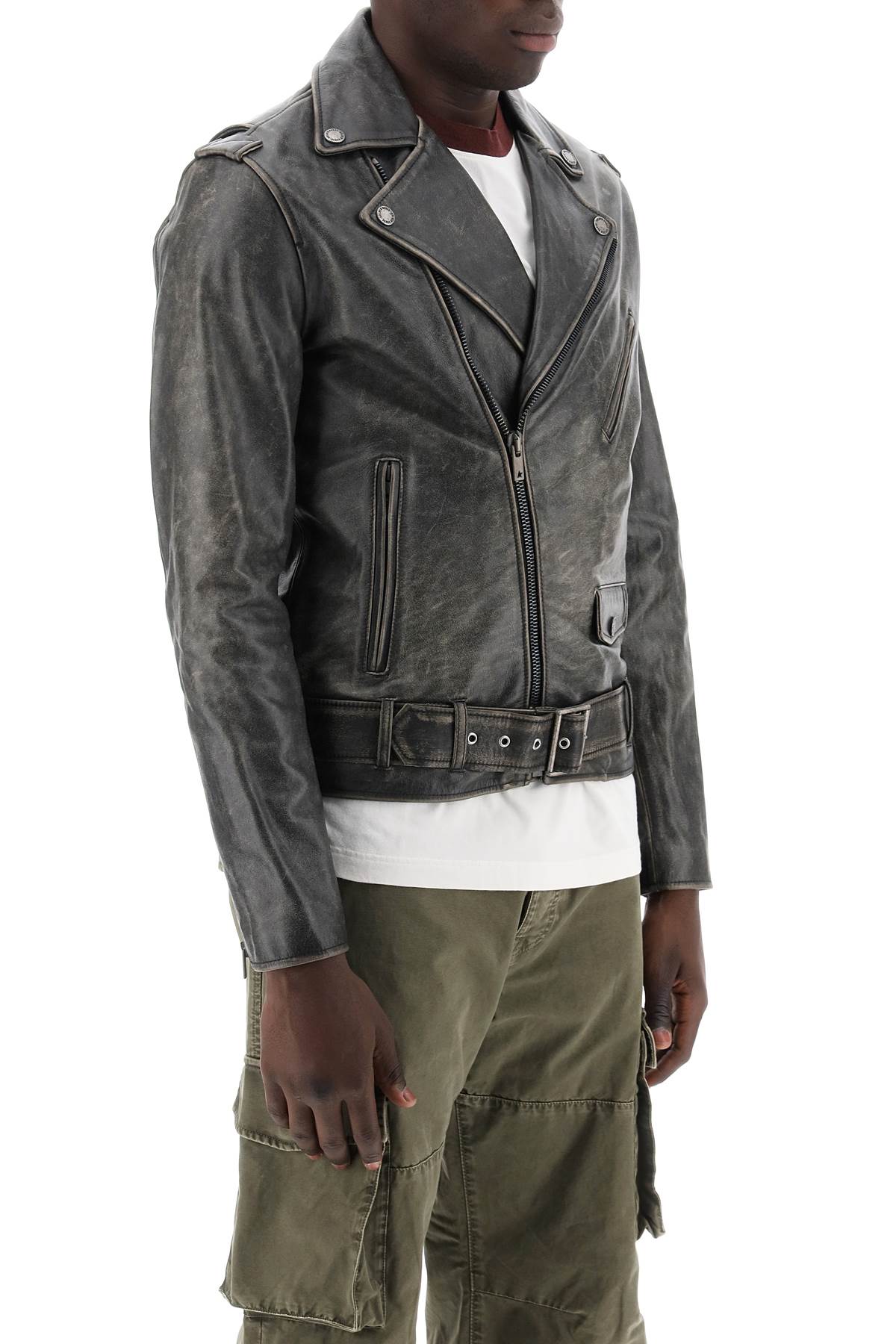 Shop Golden Goose Vintage-effect Leather Biker Jacket In Black