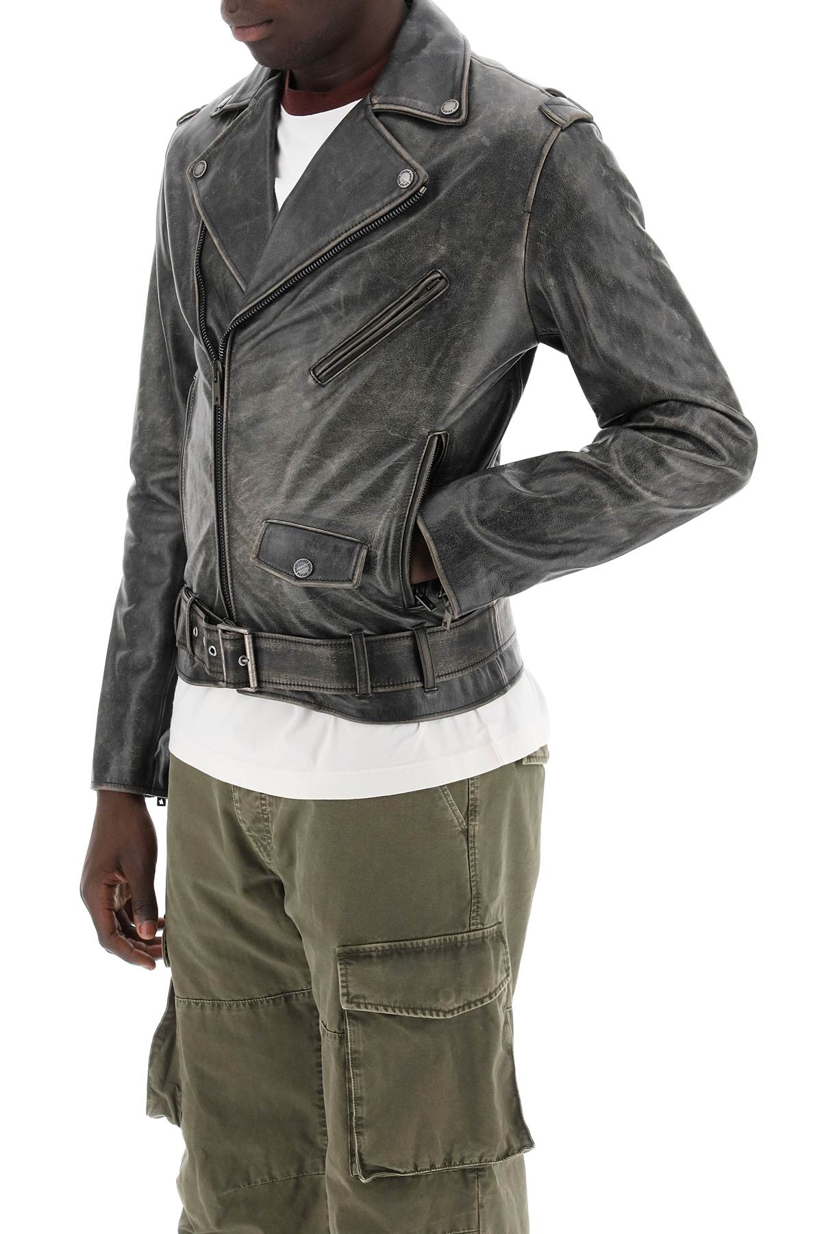 Shop Golden Goose Vintage-effect Leather Biker Jacket In Black