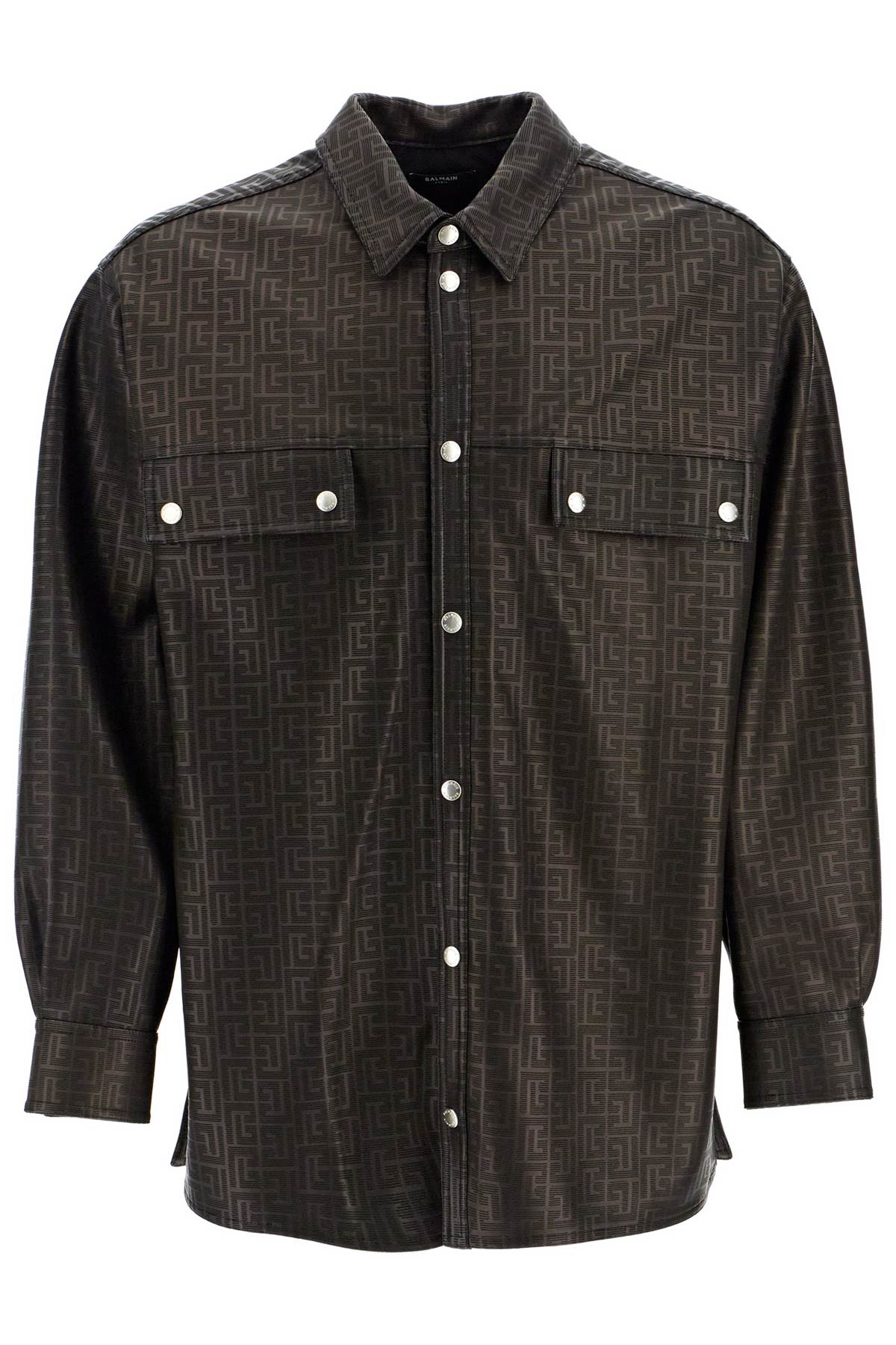 Shop Balmain Monogram Leather Overshirt In Black