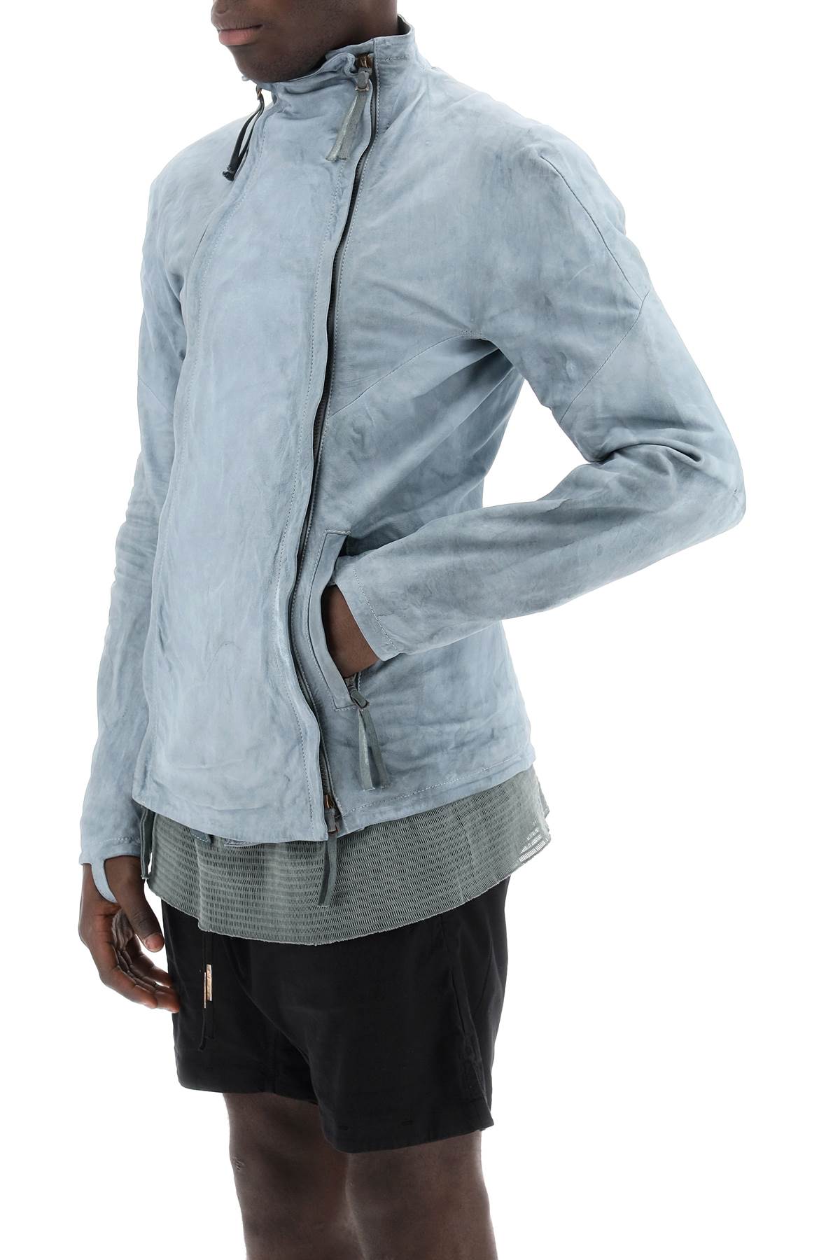 Shop Boris Bidjan Saberi Leather Jacket With Two Zippers In Light Blue