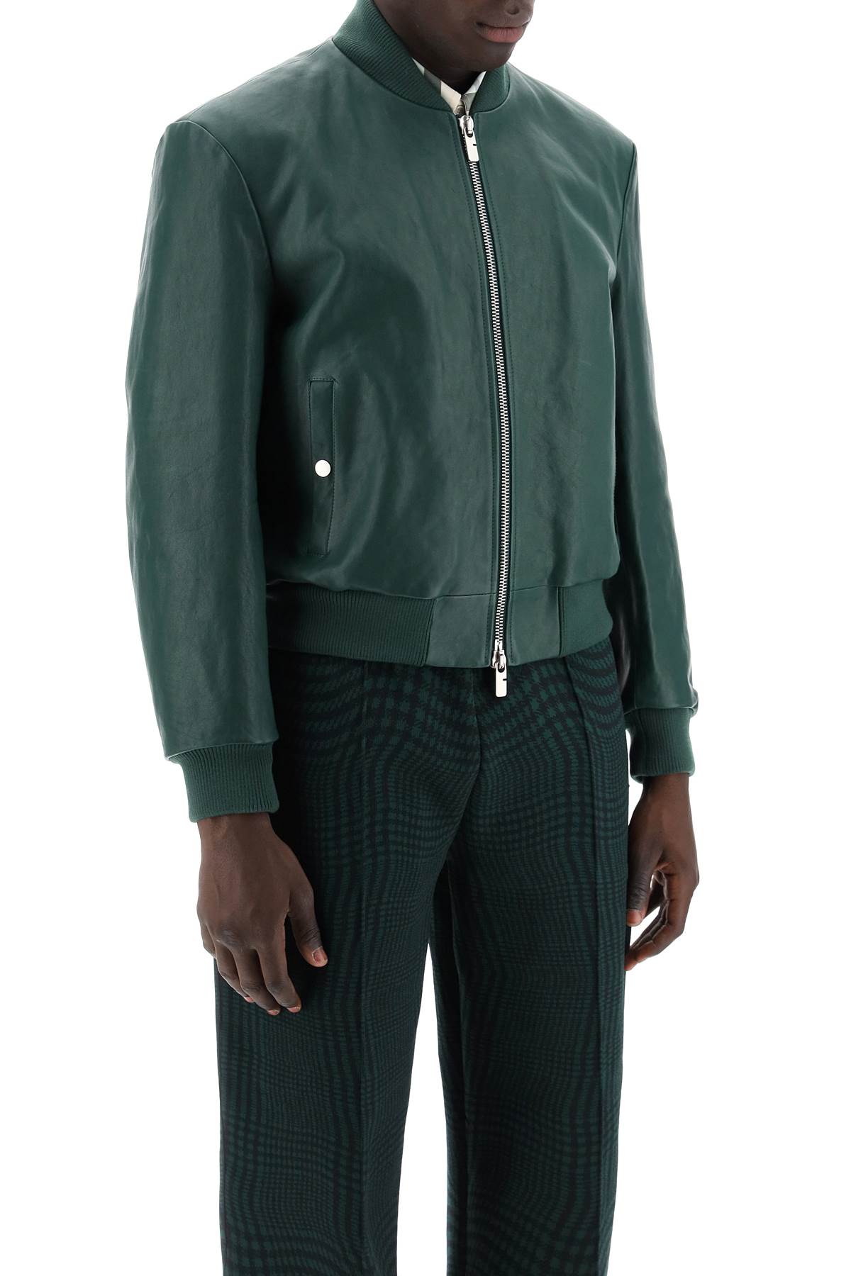 Shop Burberry Leather Bomber Jacket In Green