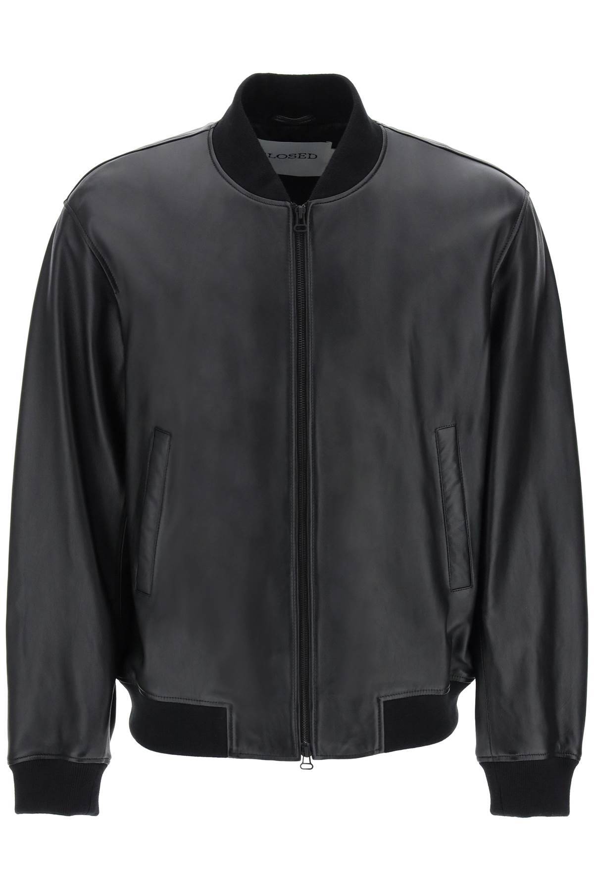 Shop Closed Leather Bomber Jacket In Black