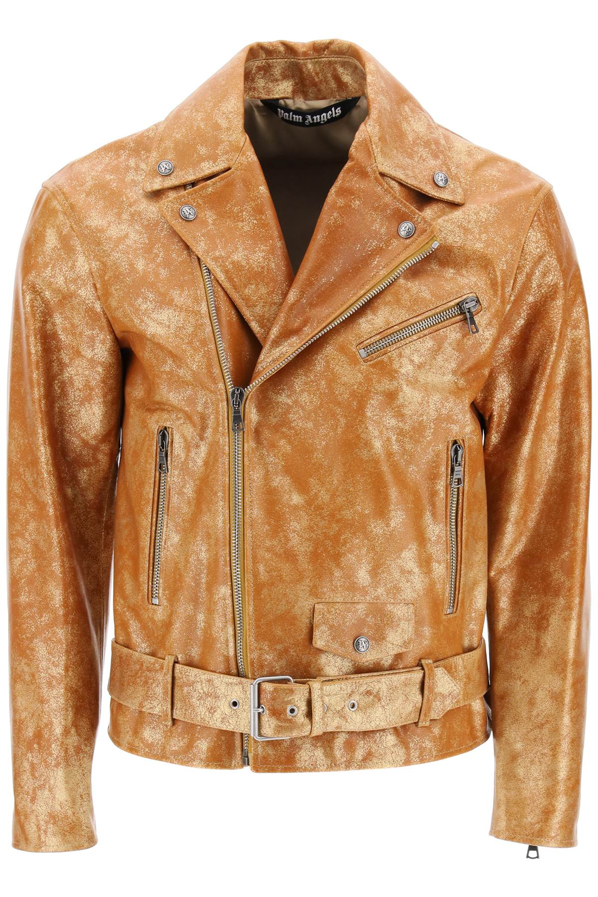 Shop Palm Angels Pa City Biker Jacket In Laminated Leather In Orange,gold