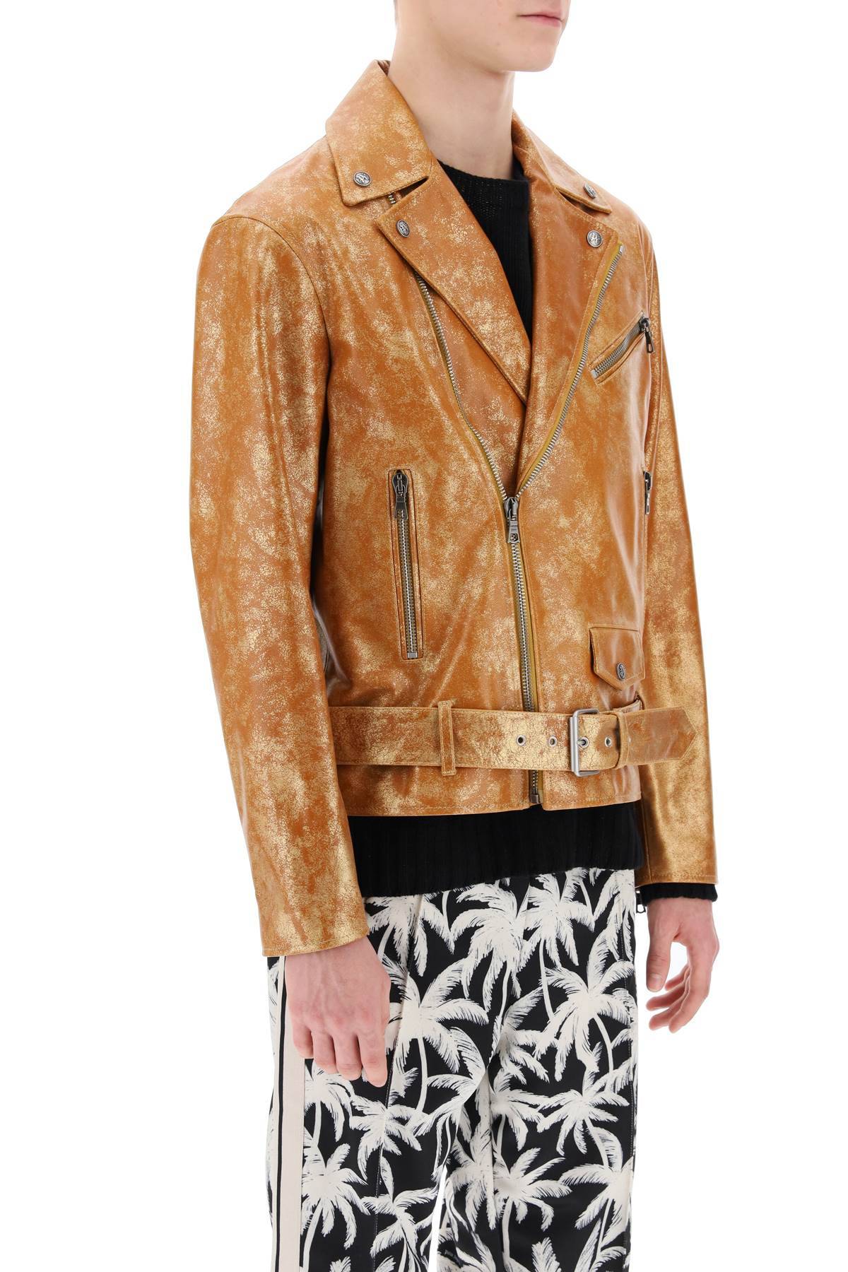 Shop Palm Angels Pa City Biker Jacket In Laminated Leather In Orange,gold