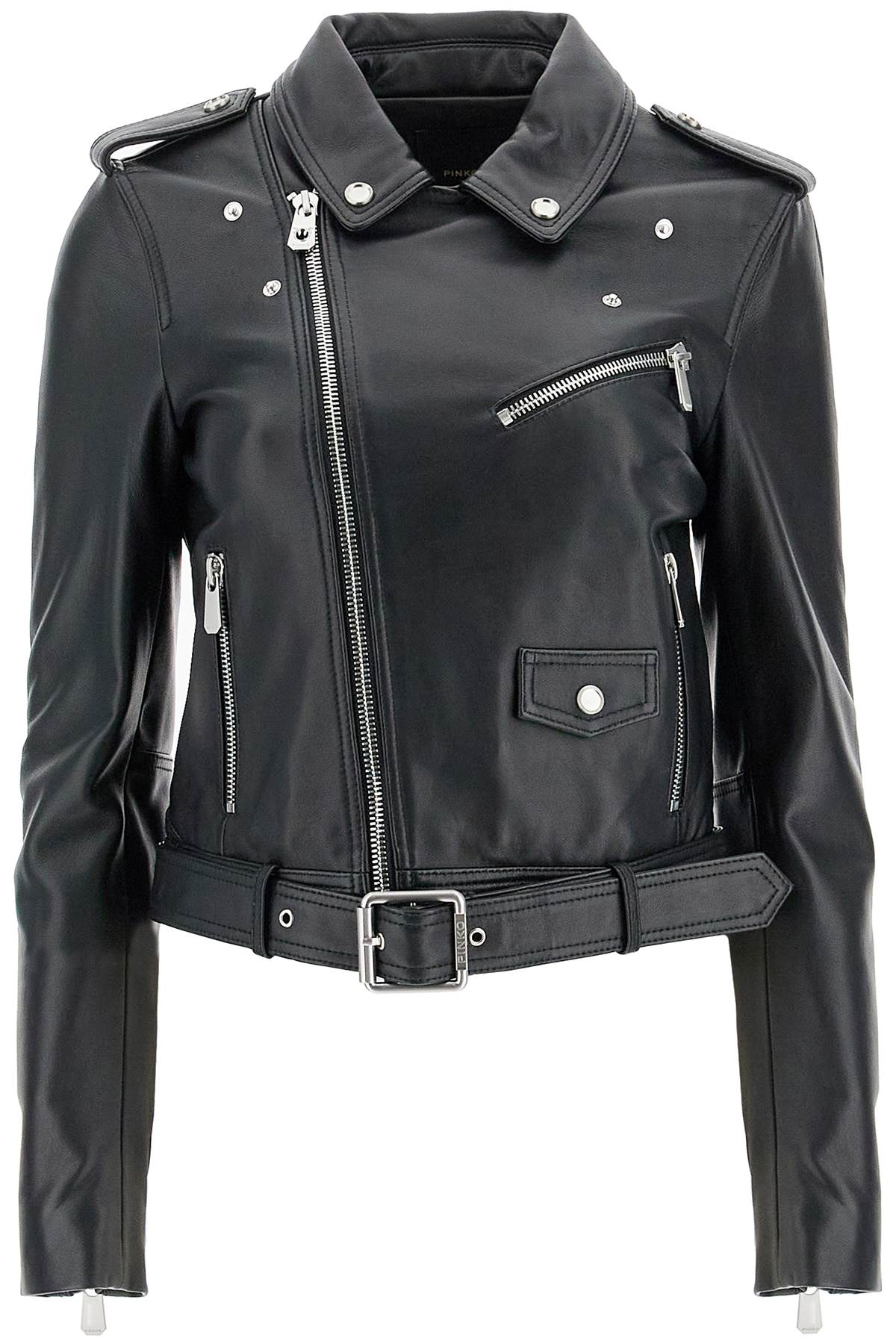 Shop Pinko Nappa Leather Biker Jacket In Black