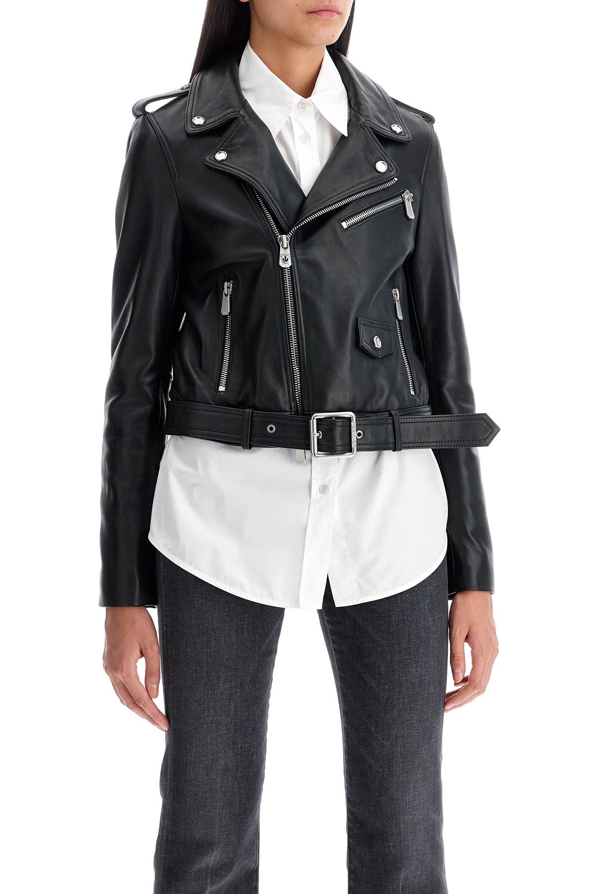 Shop Pinko Nappa Leather Biker Jacket In Black