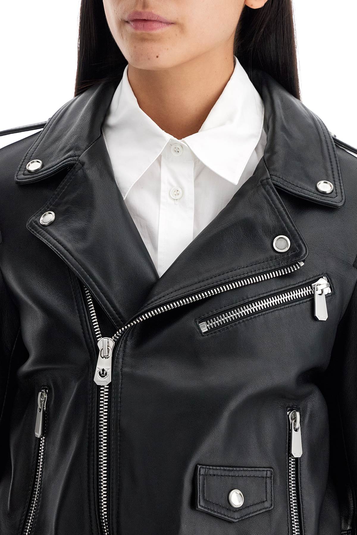 Shop Pinko Nappa Leather Biker Jacket In Black