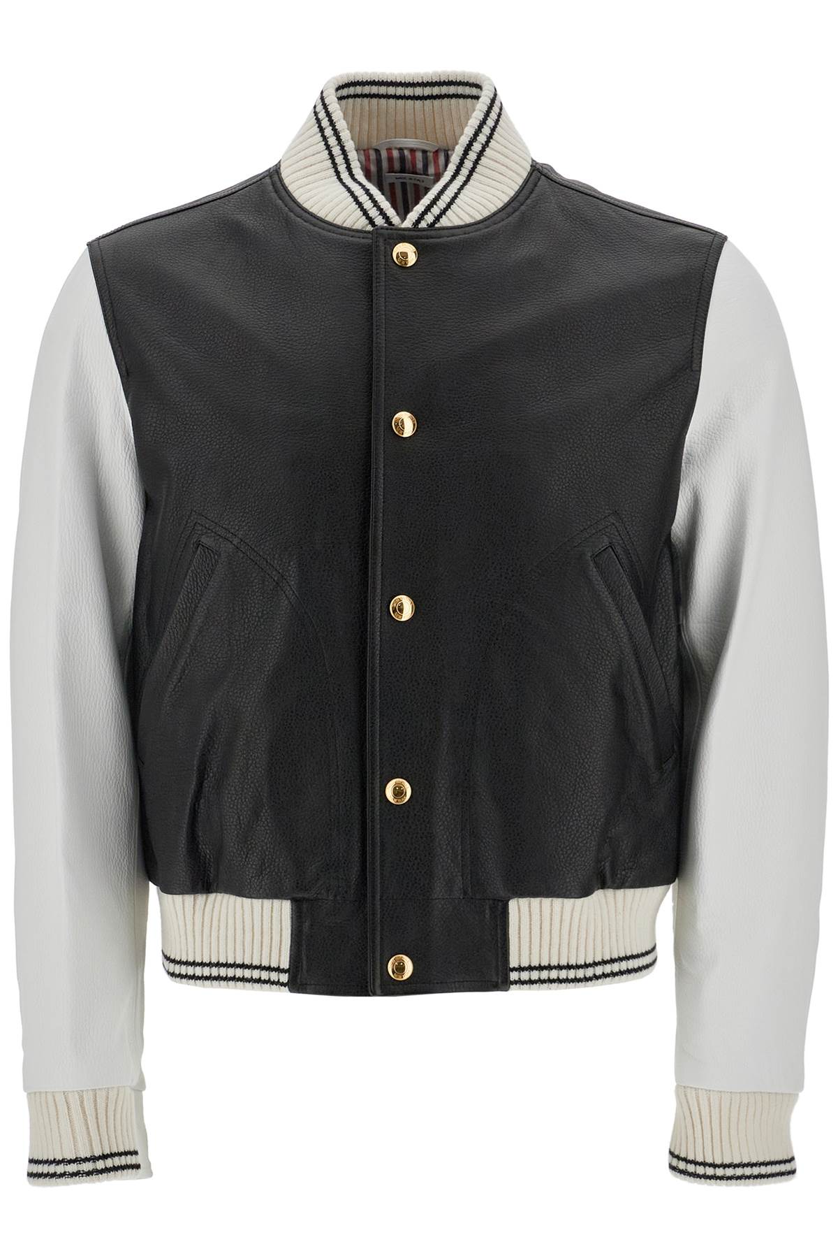 Shop Thom Browne Leather Varsity Bomber Jacket In Black