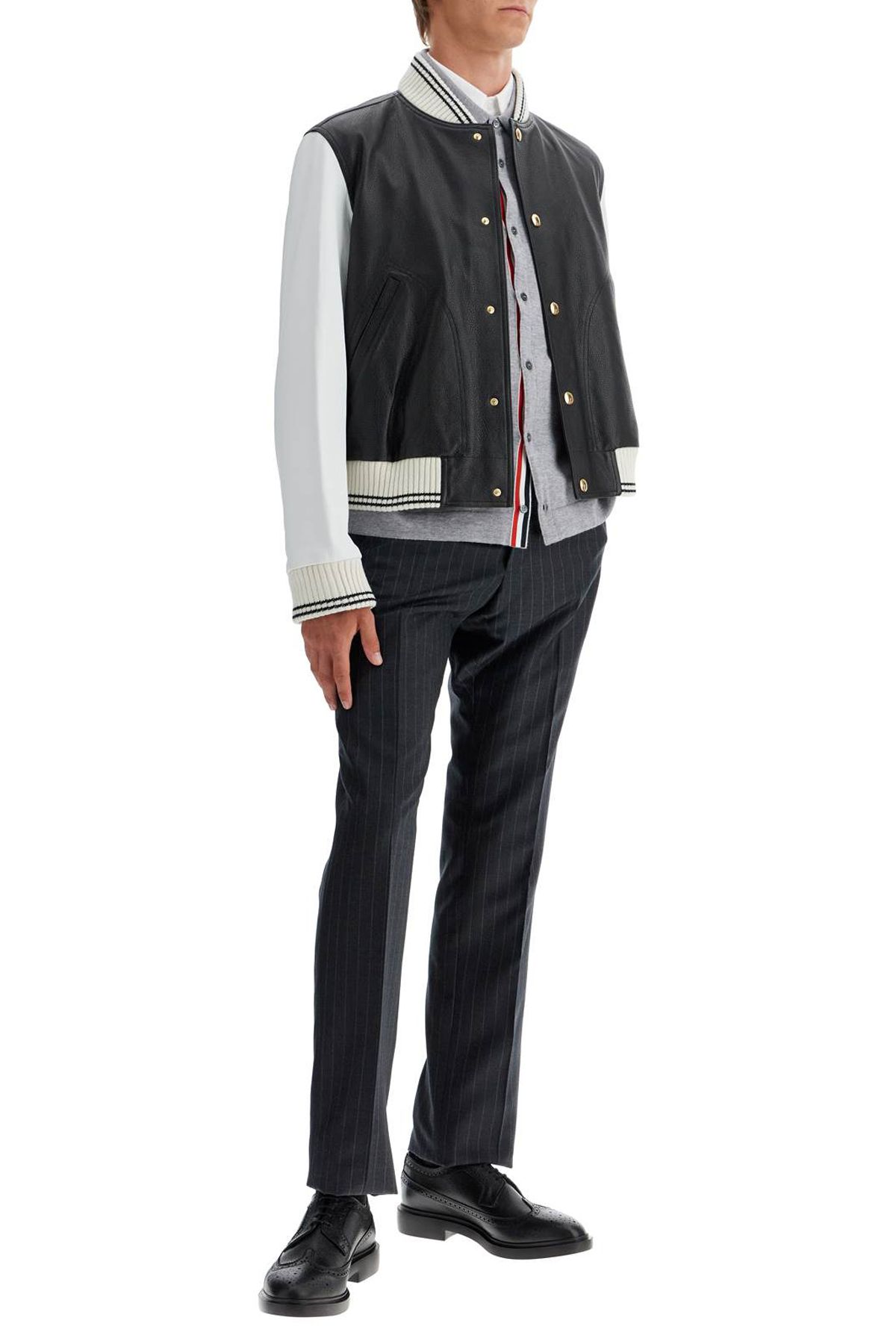 Shop Thom Browne Leather Varsity Bomber Jacket In Black