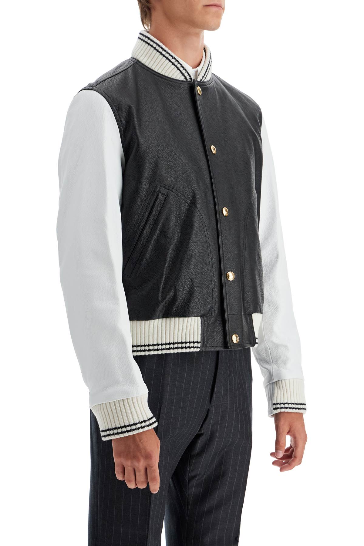 Shop Thom Browne Leather Varsity Bomber Jacket In Black