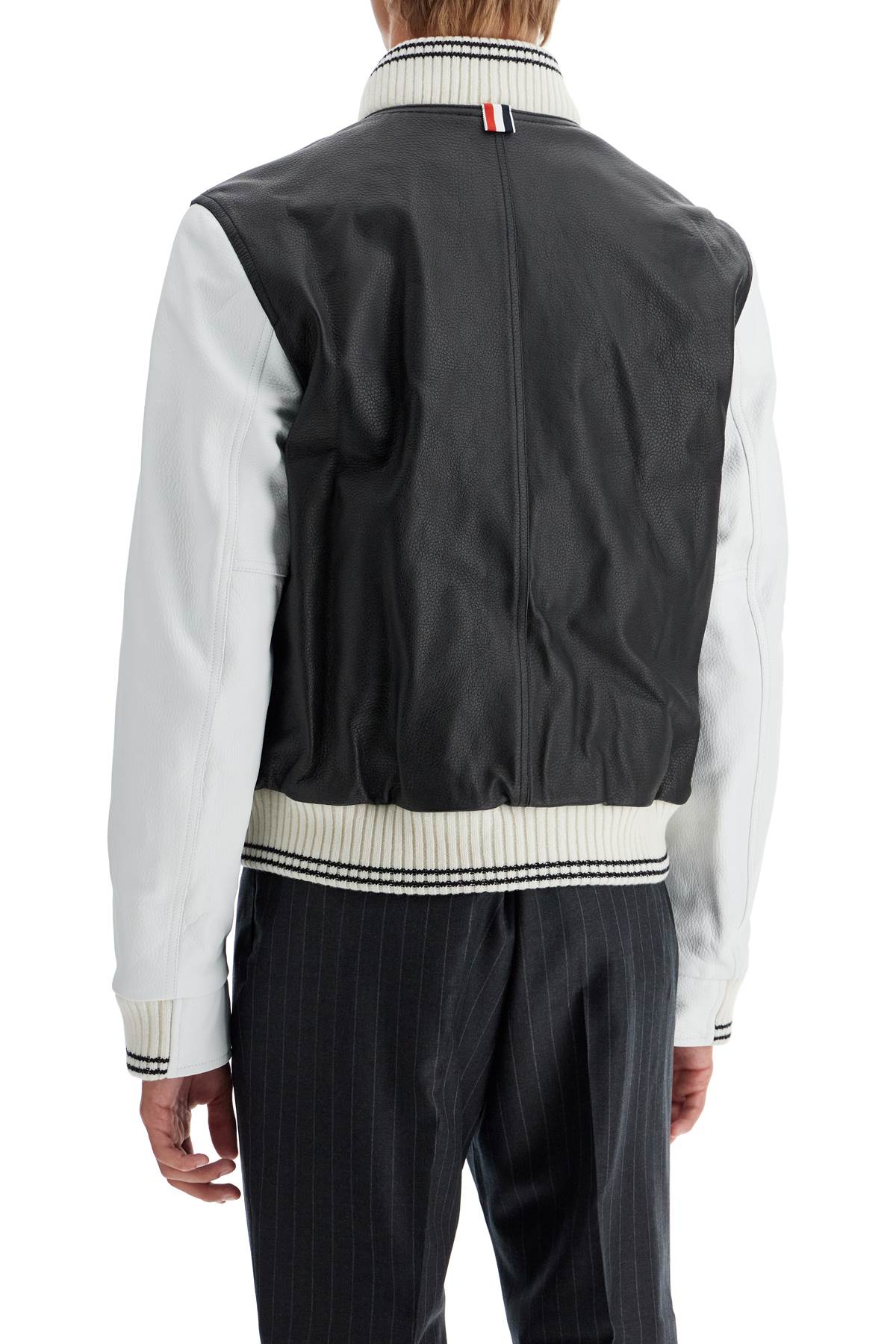 Shop Thom Browne Leather Varsity Bomber Jacket In Black