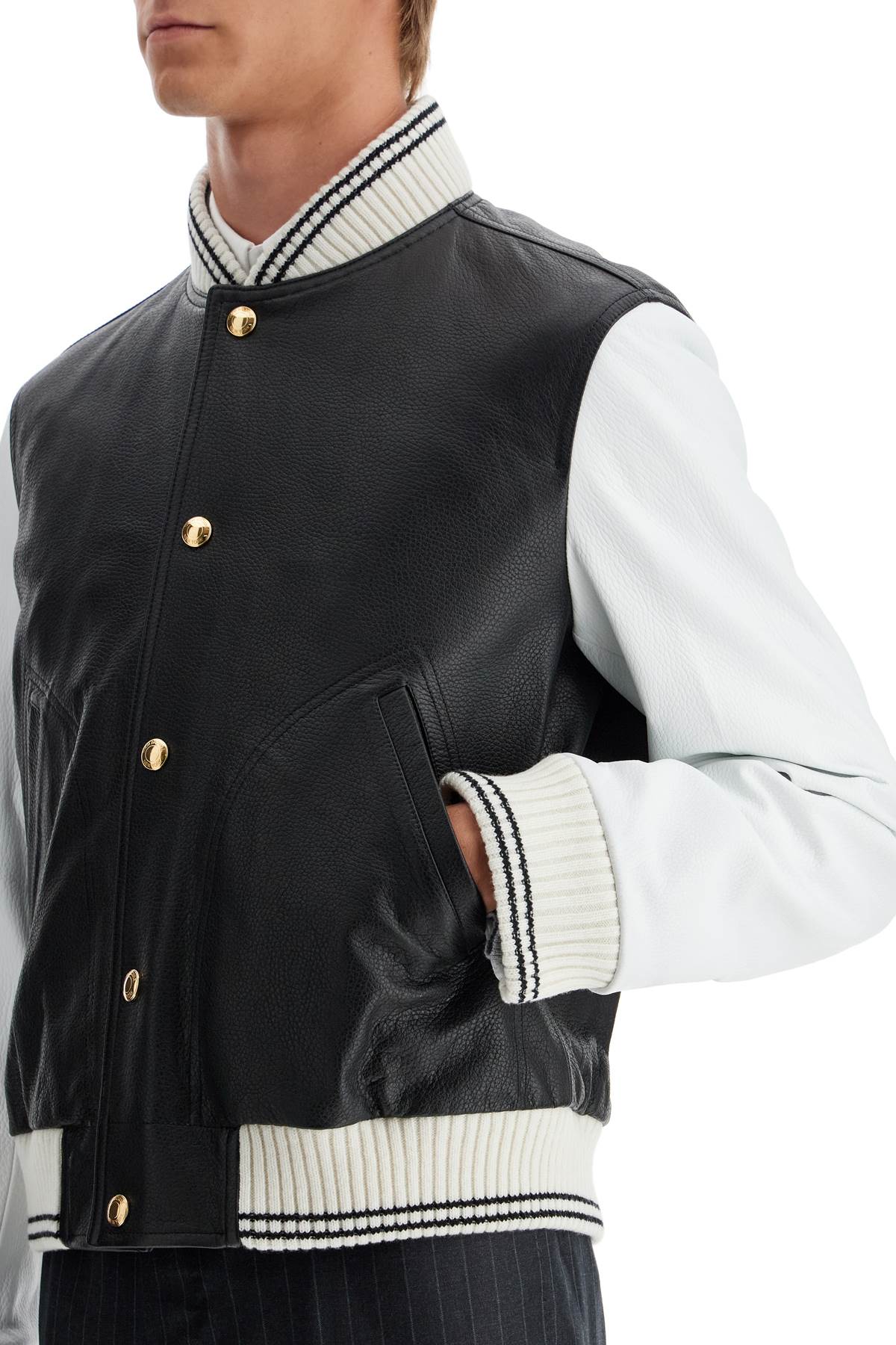 Shop Thom Browne Leather Varsity Bomber Jacket In Black