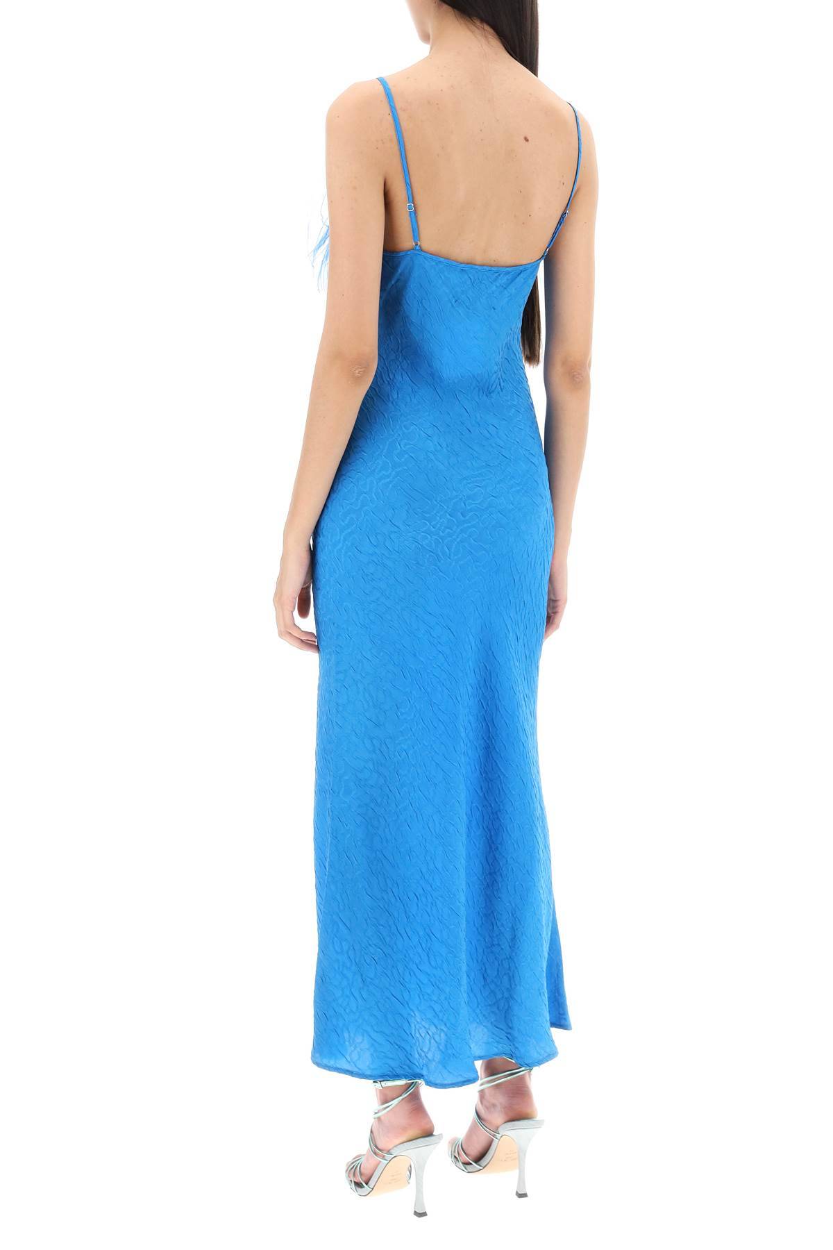 Shop Art Dealer 'ella' Maxi Slip Dress In Jacquard Satin With Feathers In Blue