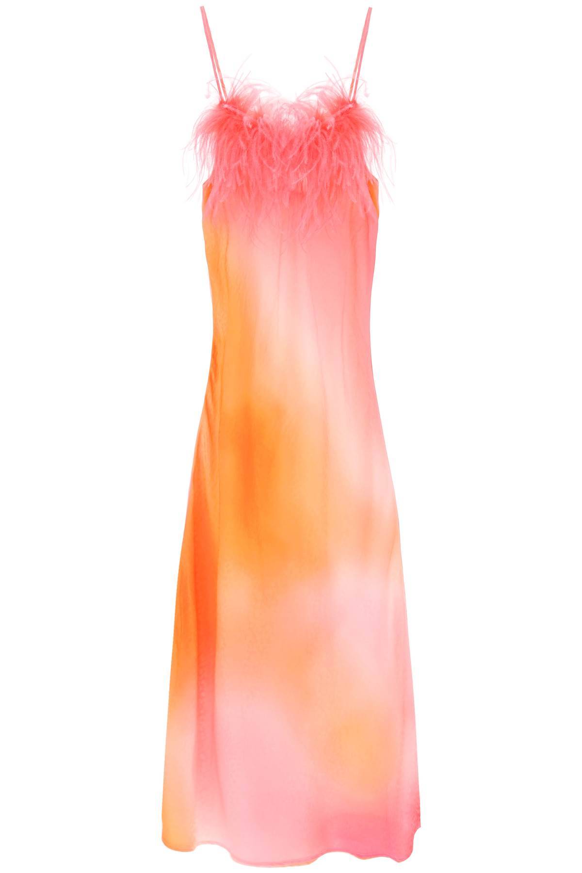 Shop Art Dealer 'ella' Maxi Slip Dress In Jacquard Satin With Feathers In Orange,pink