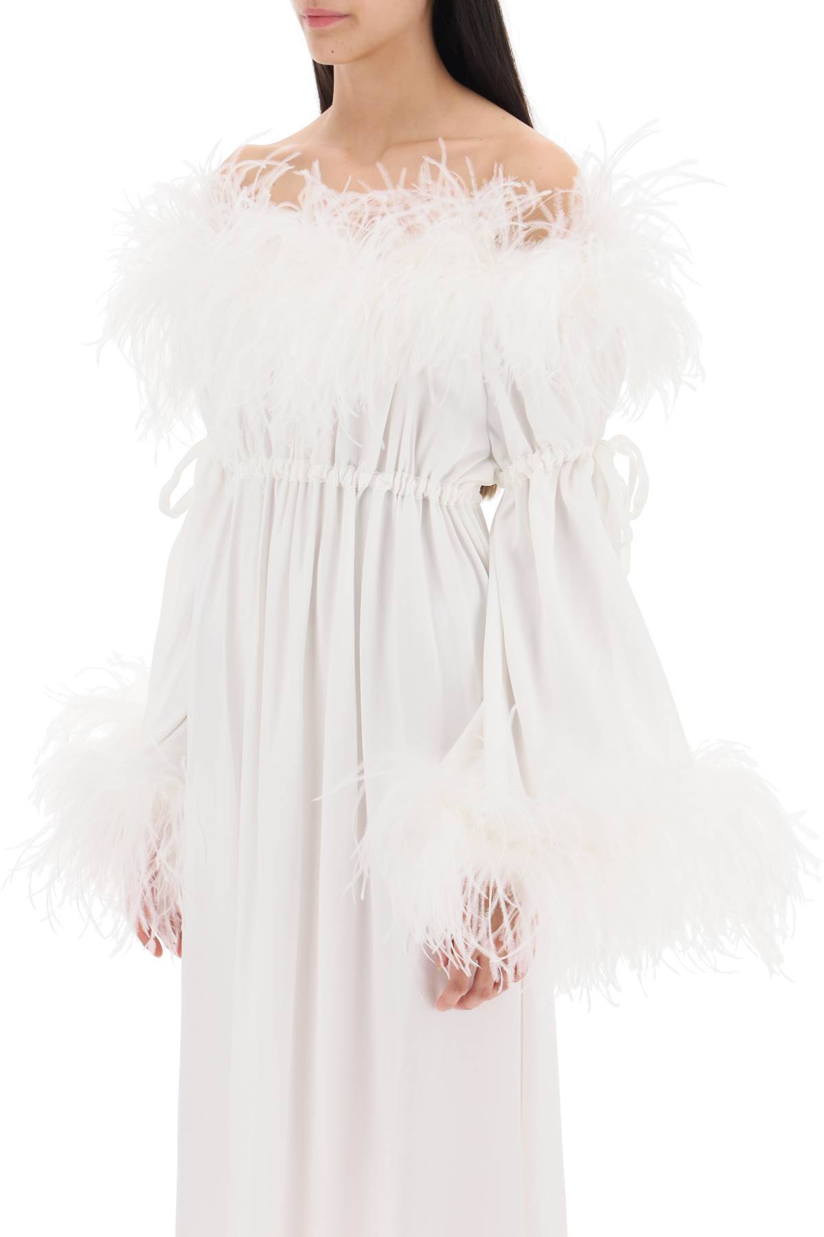 Shop Art Dealer 'bettina' Maxi Dress In Satin With Feathers In White
