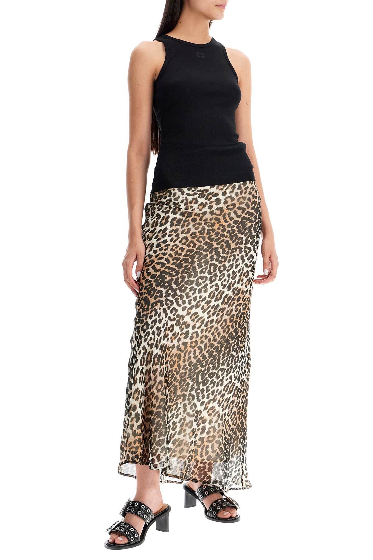 Shop Ganni Long Chiffon Animal Print Maxi Skirt In Beige