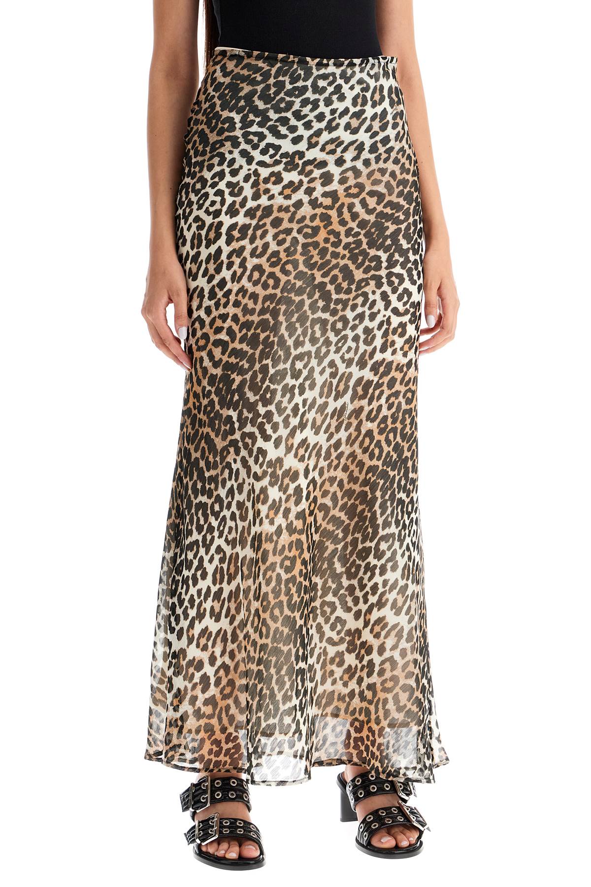 Shop Ganni Long Chiffon Animal Print Maxi Skirt In Beige