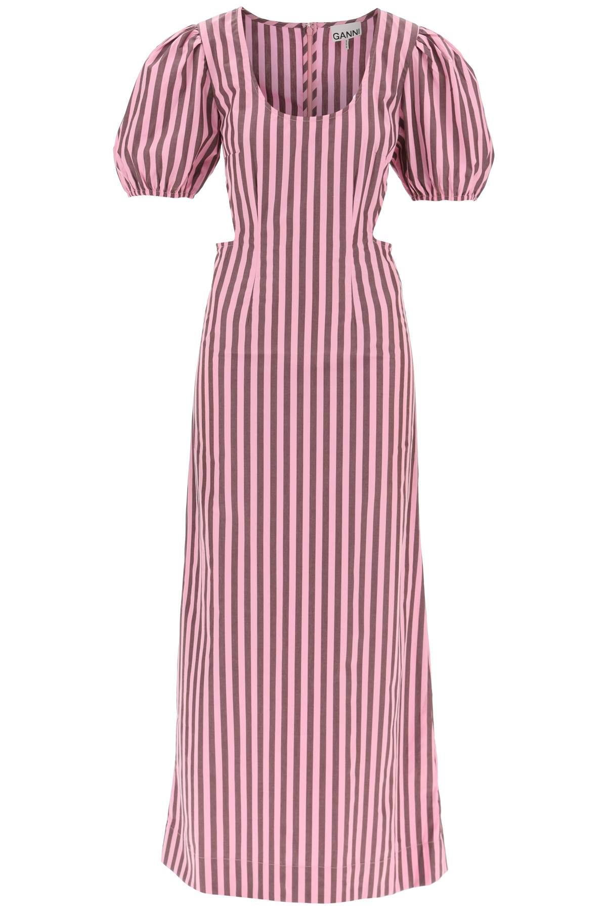 Shop Ganni Striped Maxi Dress With Cut-outs In Pink,brown