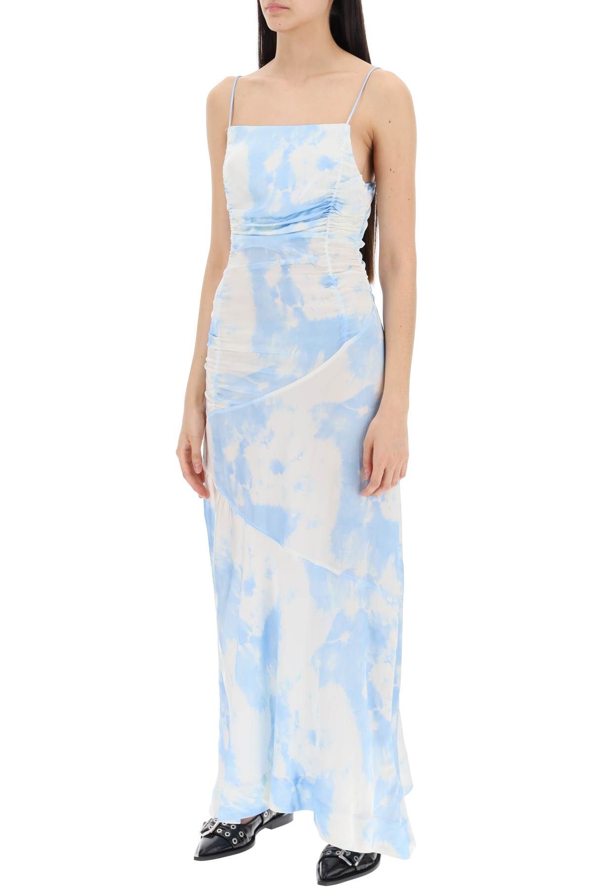 Shop Ganni Maxi Printed Tie-dye Satin Dress With R In White,light Blue