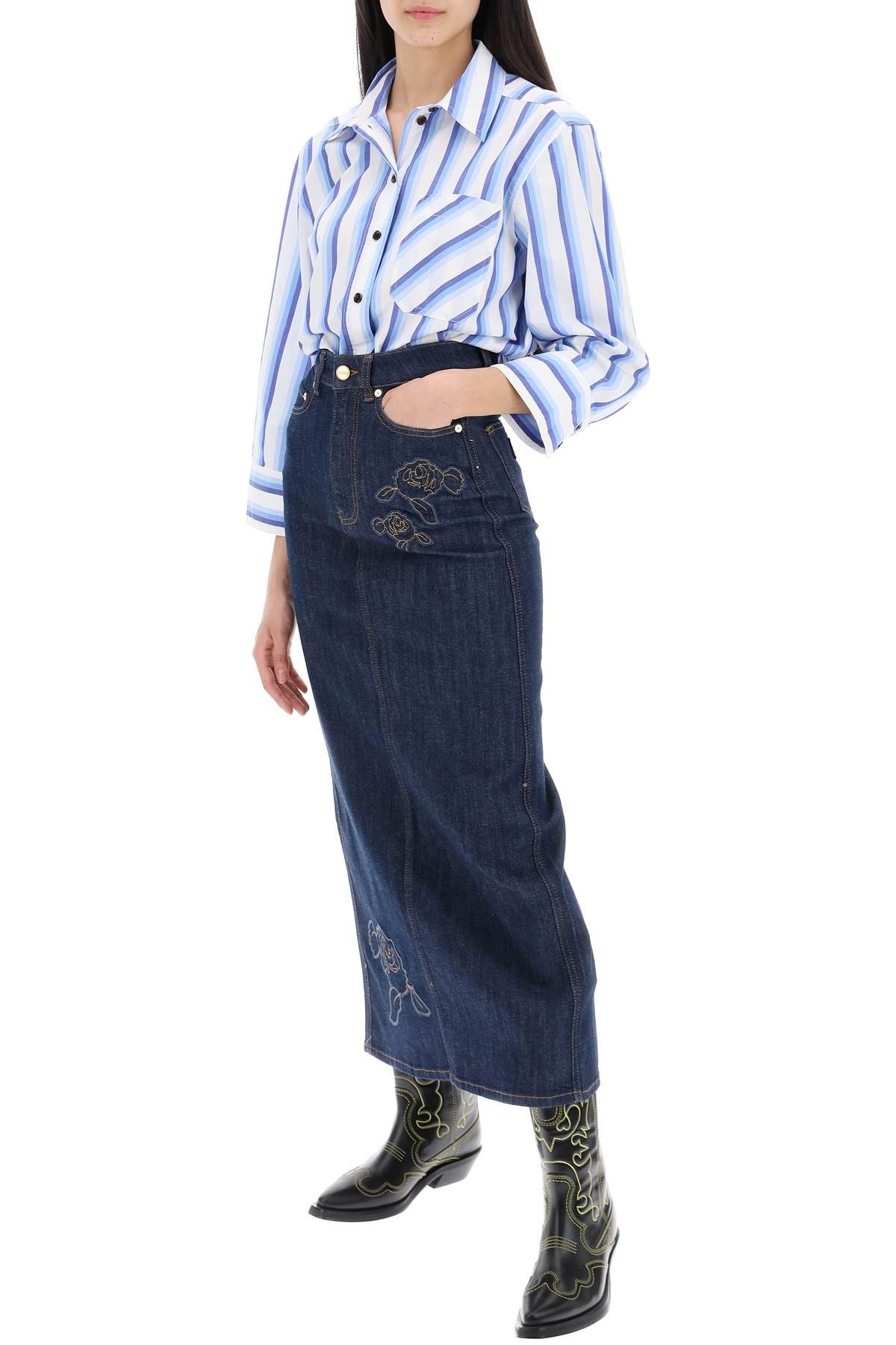 Shop Ganni Maxi Denim Skirt With Pink Embroidery In Blue