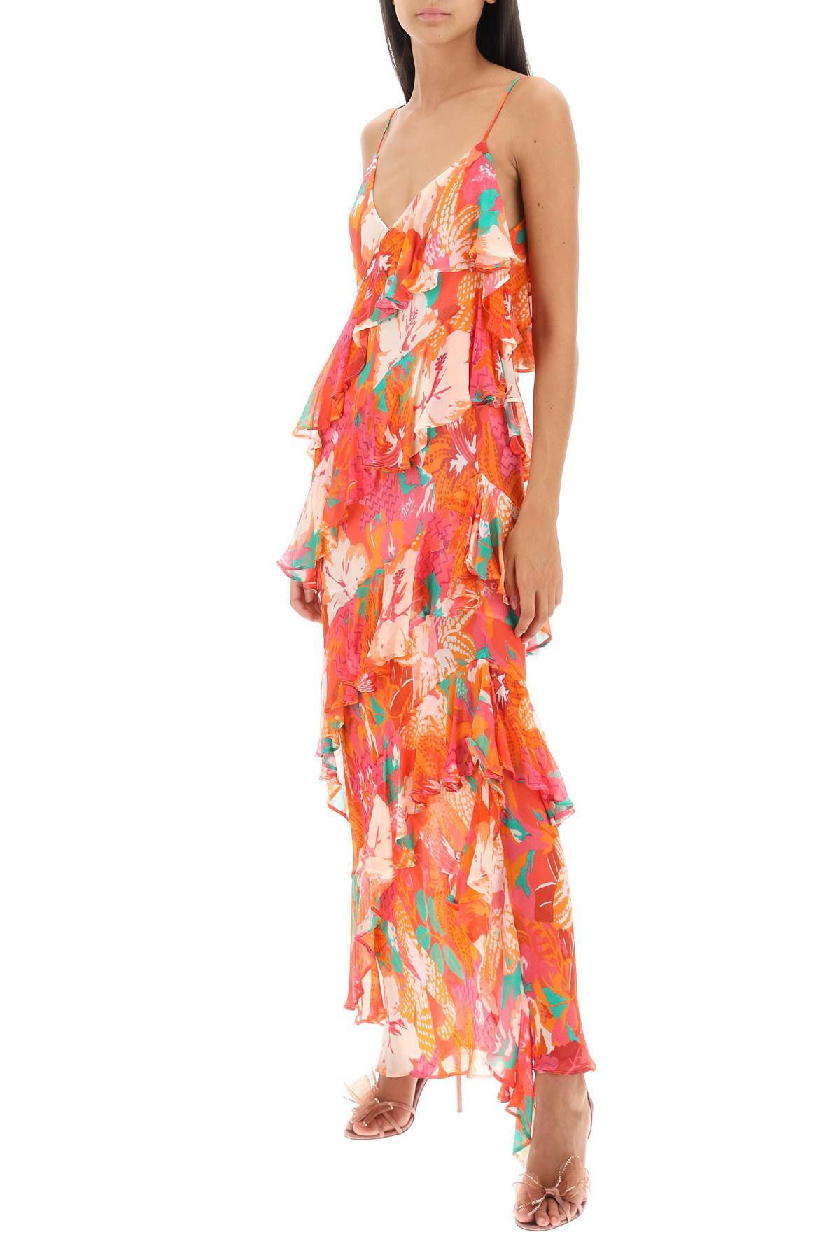 Shop Msgm Maxi Frilled Dress With Tropical Motif In Multicolor