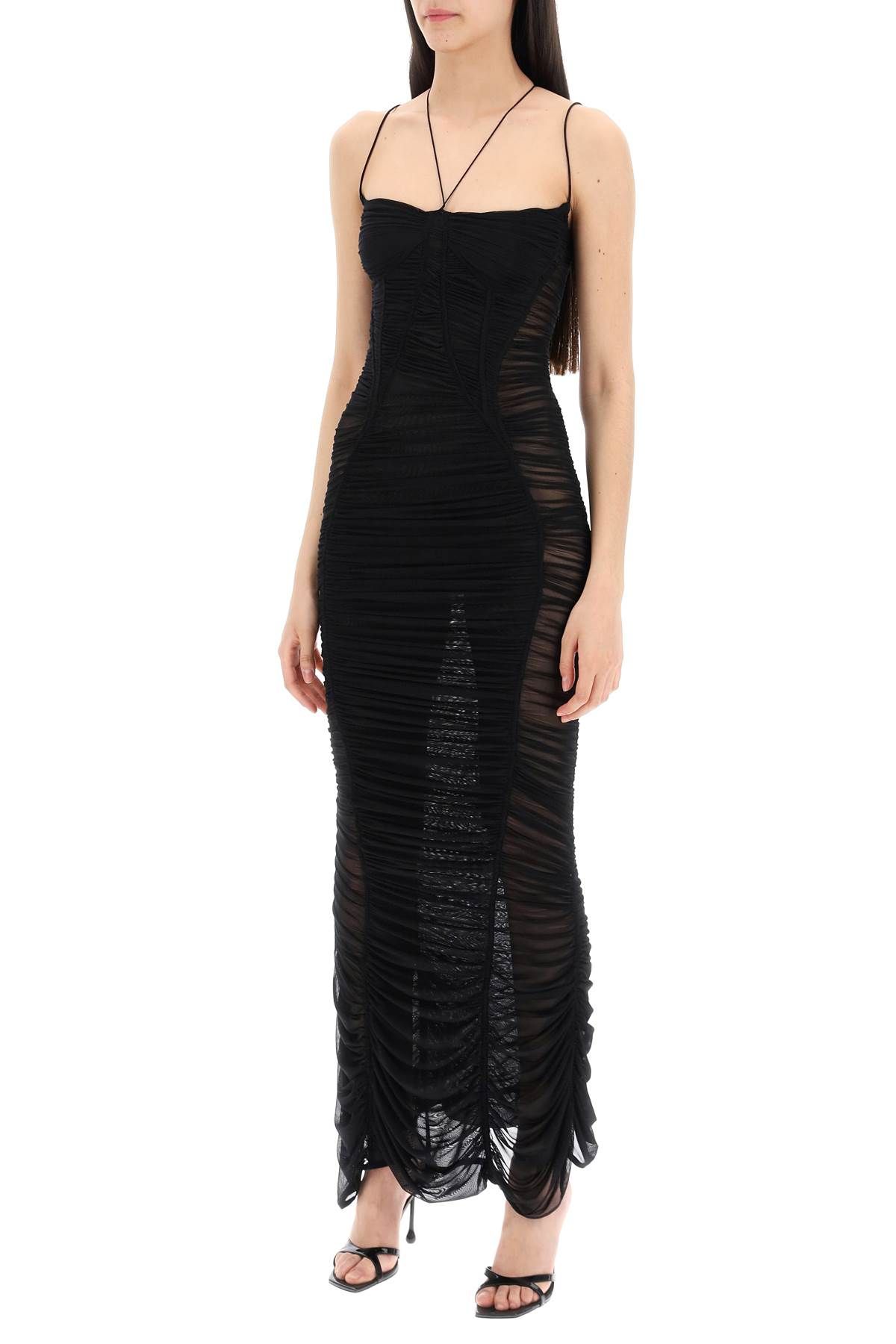 Shop Mugler Maxi Ruffled Mesh Bustier Dress In Black