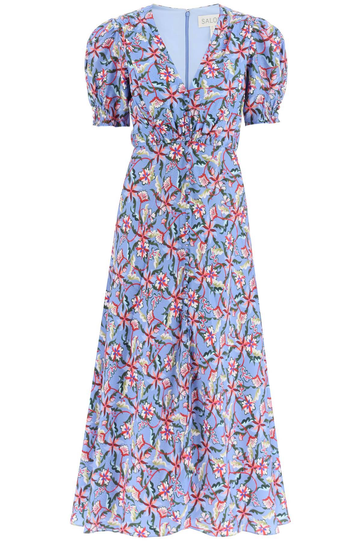 Shop Saloni 'lea' Long Dress In Printed Silk In Light Blue