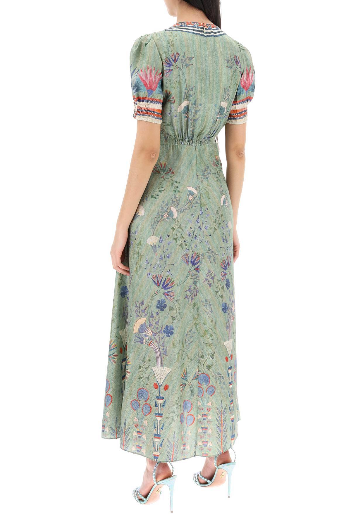 Shop Saloni 'lea' Long Dress In Printed Silk In Green