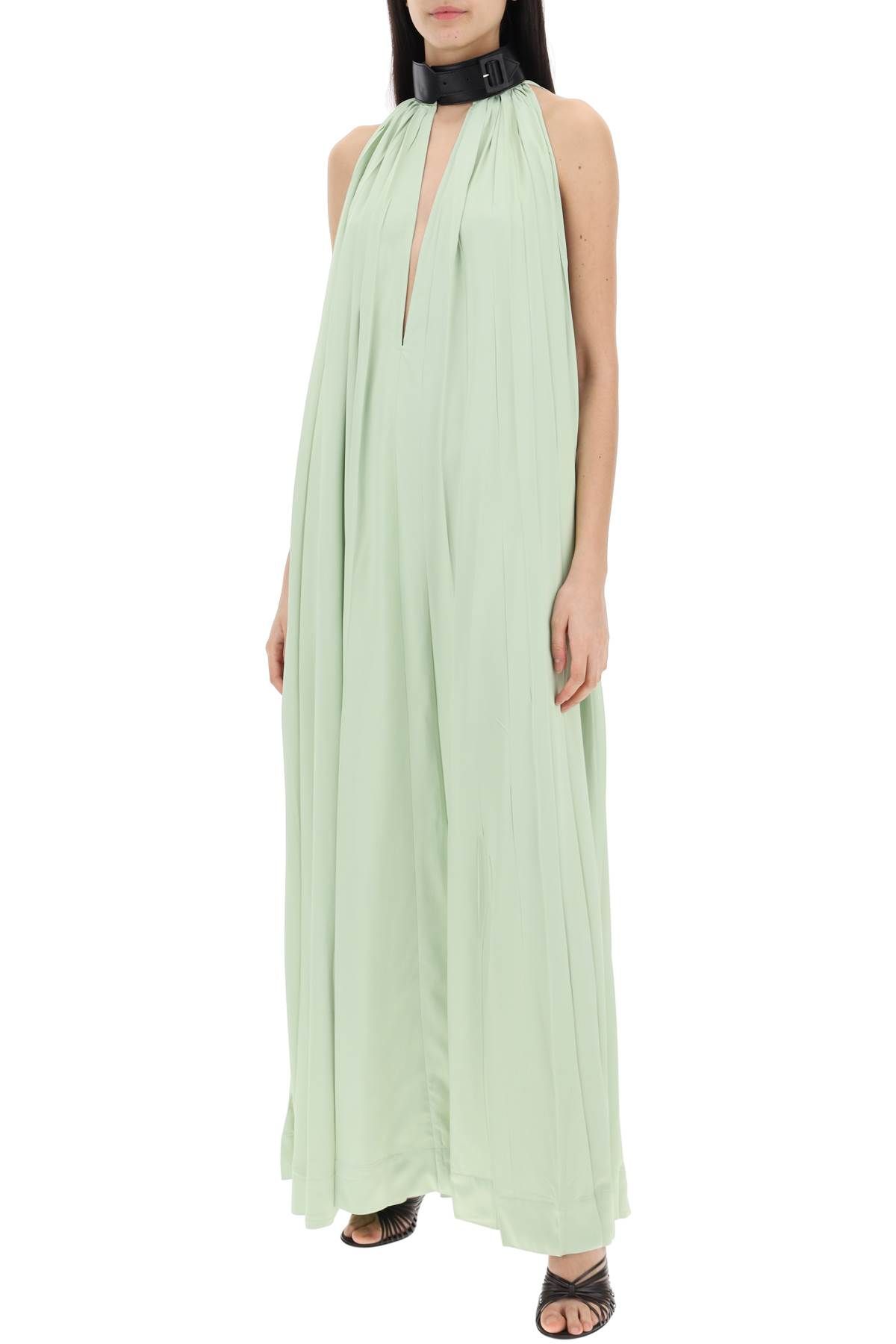 Shop Ferragamo Maxi Dress With Leather Buckle Detail In Green