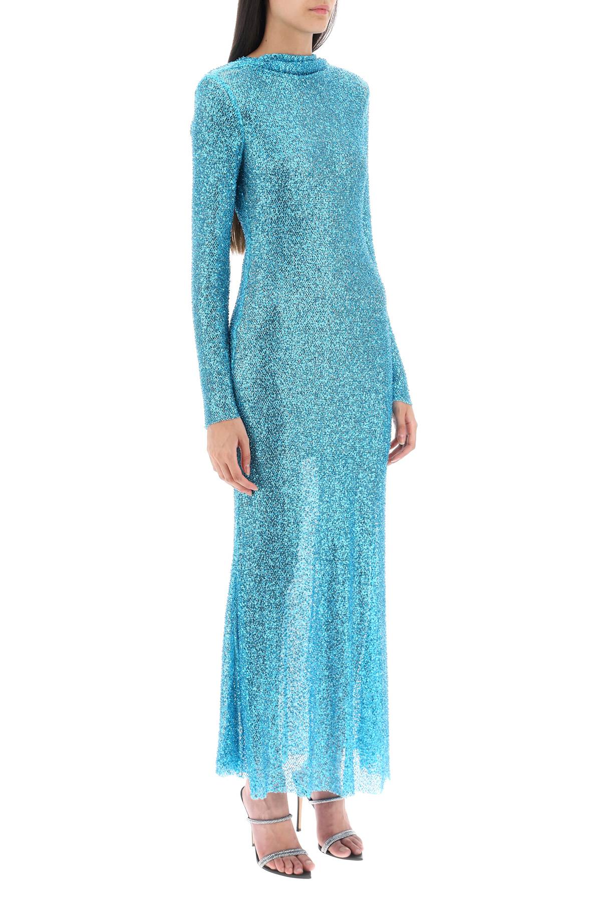 Shop Self-portrait Long-sleeved Maxi Dress With Sequins And Beads In Light Blue