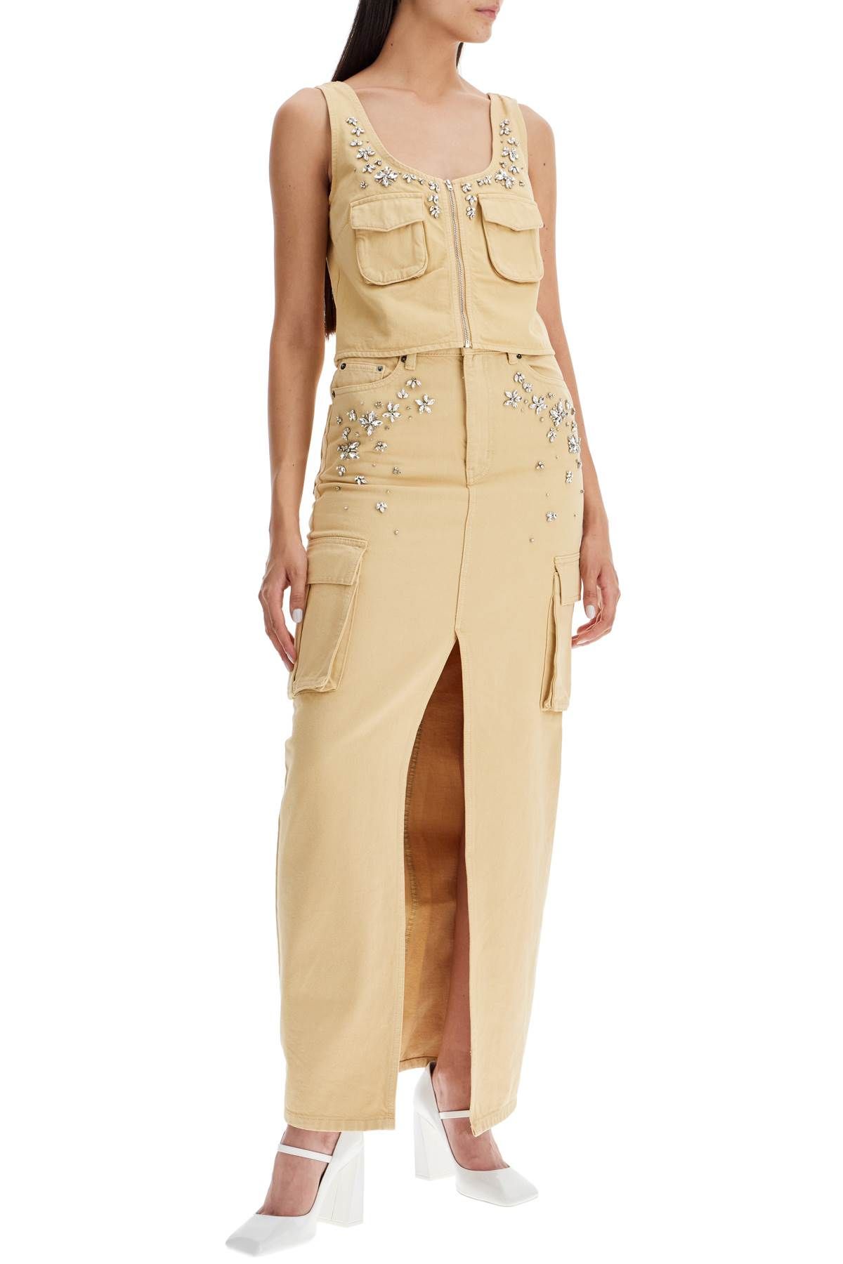 Shop Self-portrait Maxi Denim Cargo Skirt In In Beige