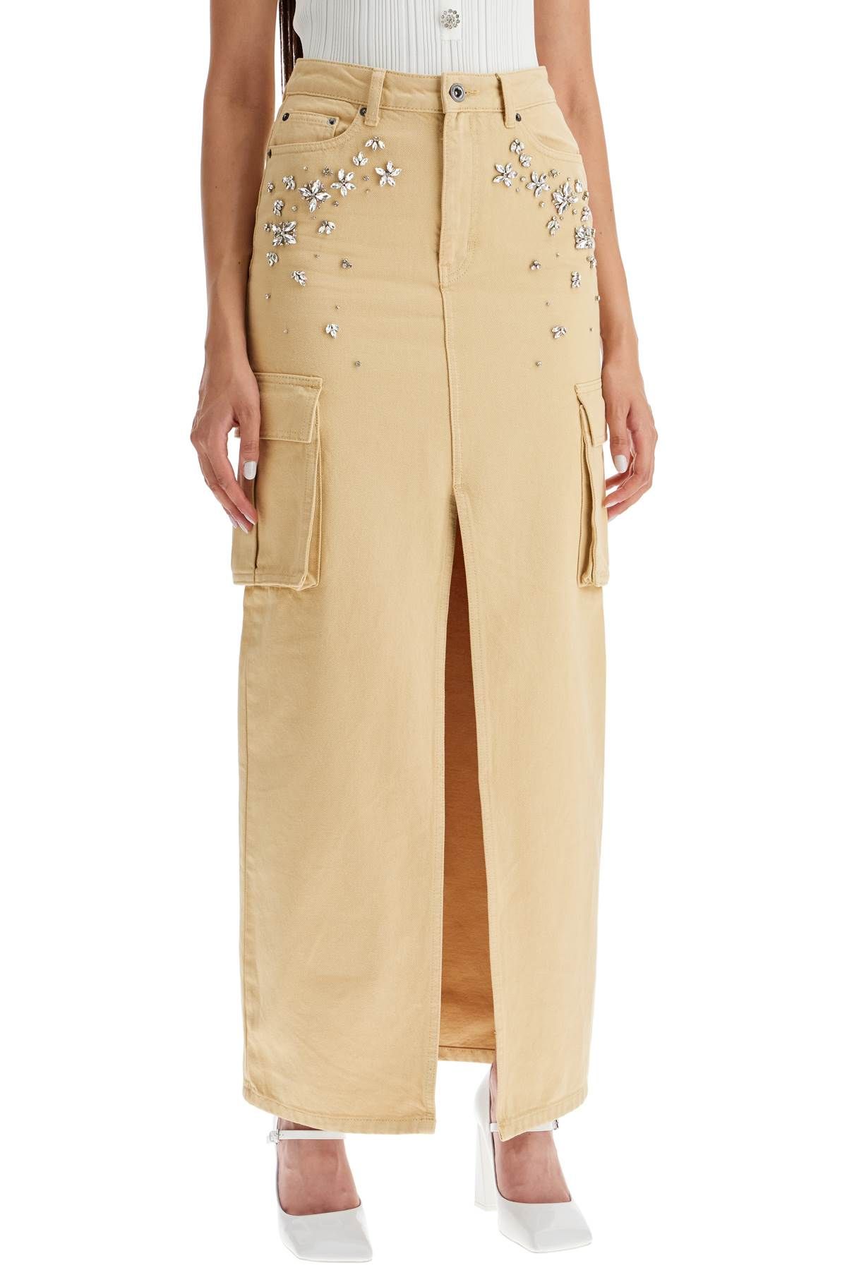 Shop Self-portrait Maxi Denim Cargo Skirt In In Beige