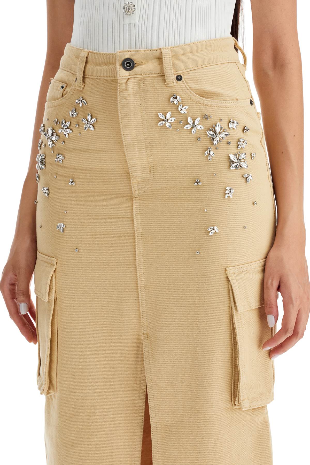 Shop Self-portrait Maxi Denim Cargo Skirt In In Beige