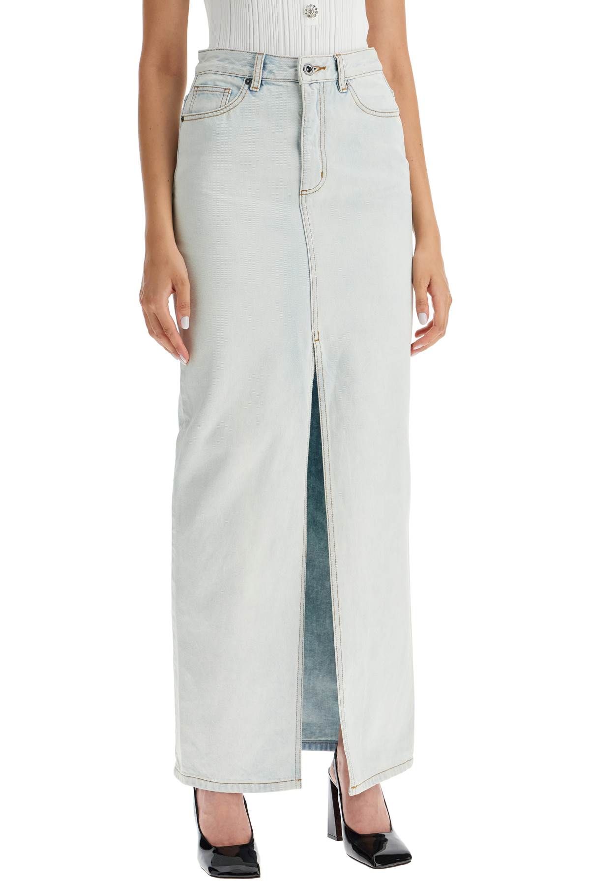 Shop Self-portrait Maxi Denim Skirt In Seven In Light Blue