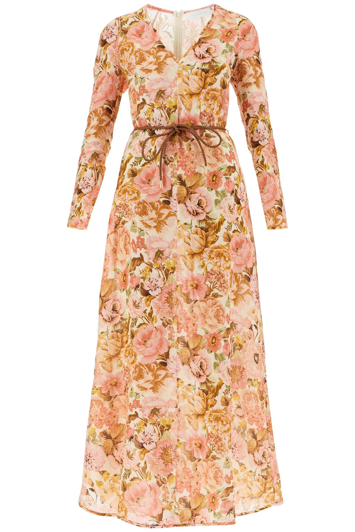 Shop Zimmermann Maxi Linen Golden Plunge Dress With In Pink