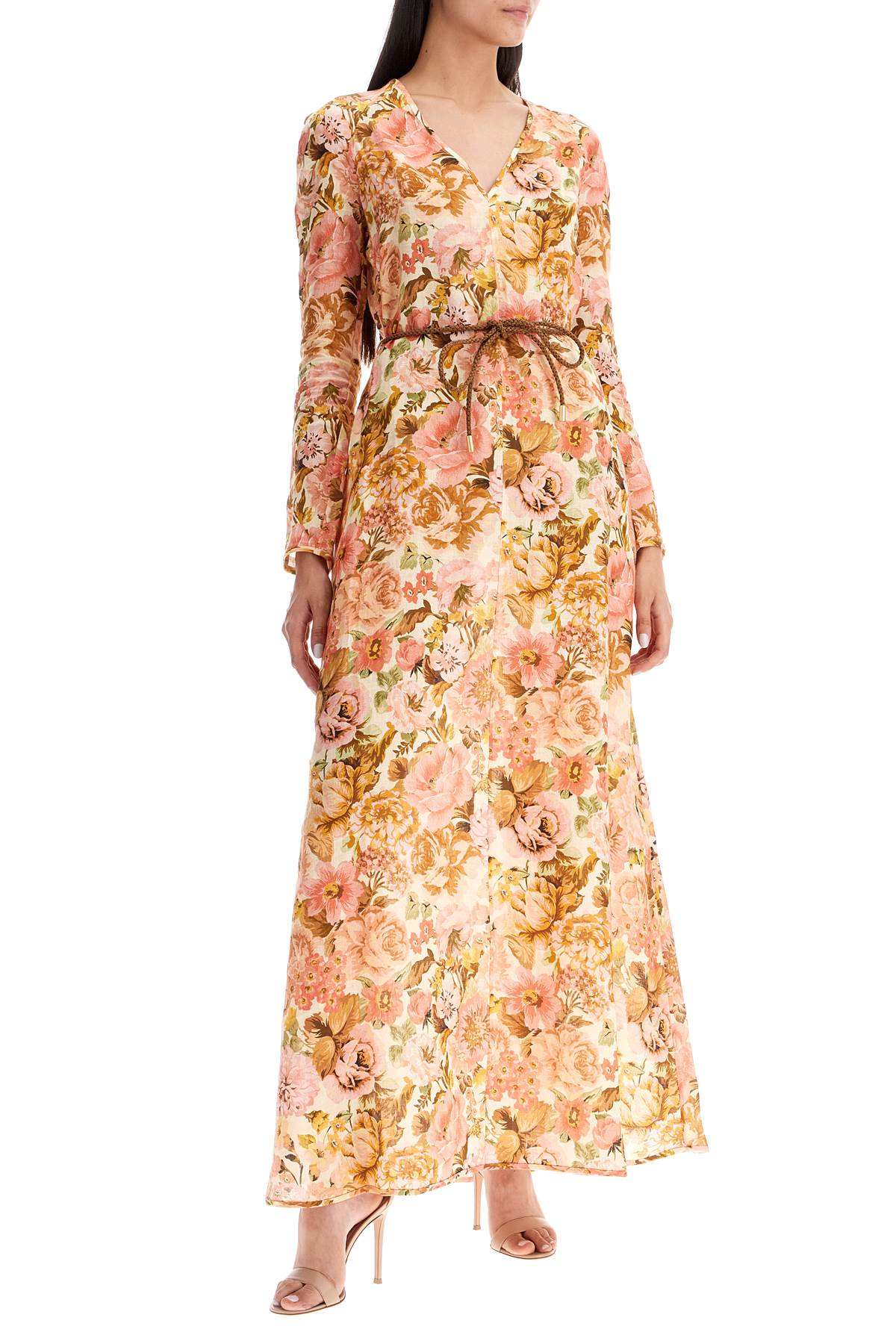 Shop Zimmermann Maxi Linen Golden Plunge Dress With In Pink