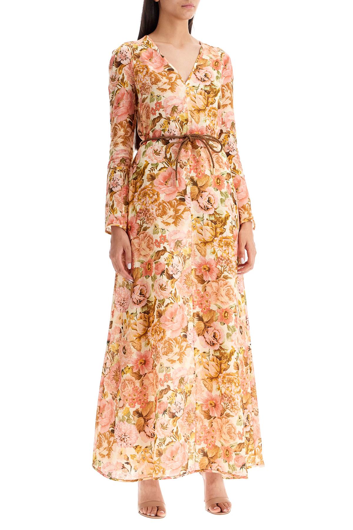 Shop Zimmermann Maxi Linen Golden Plunge Dress With In Pink