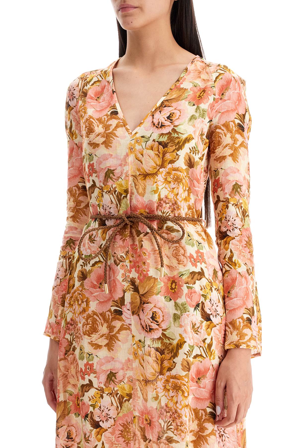 Shop Zimmermann Maxi Linen Golden Plunge Dress With In Pink