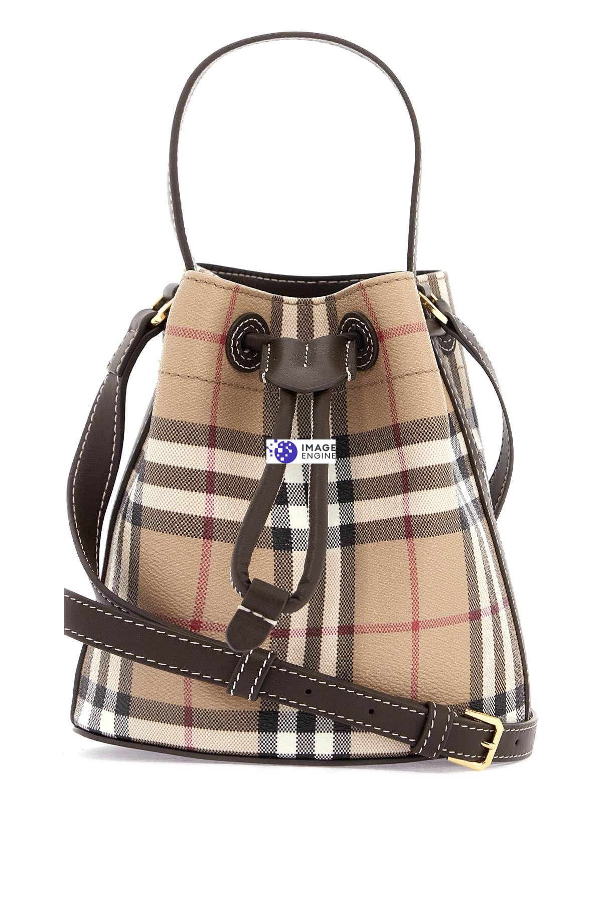 Burberry Mini Check Bucket Bag With Drawstring In Beige