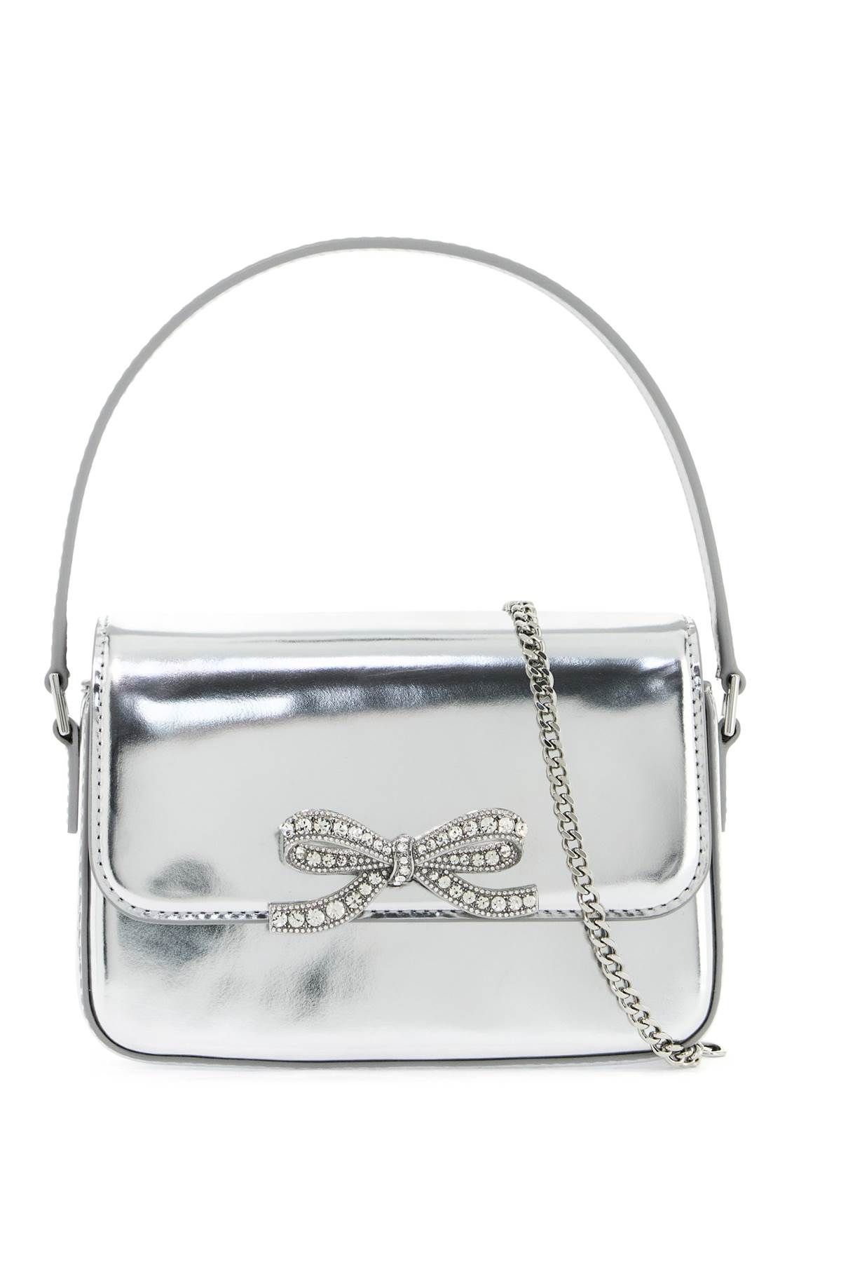 Shop Self-portrait Micro Laminated Leather Handbag In Silver