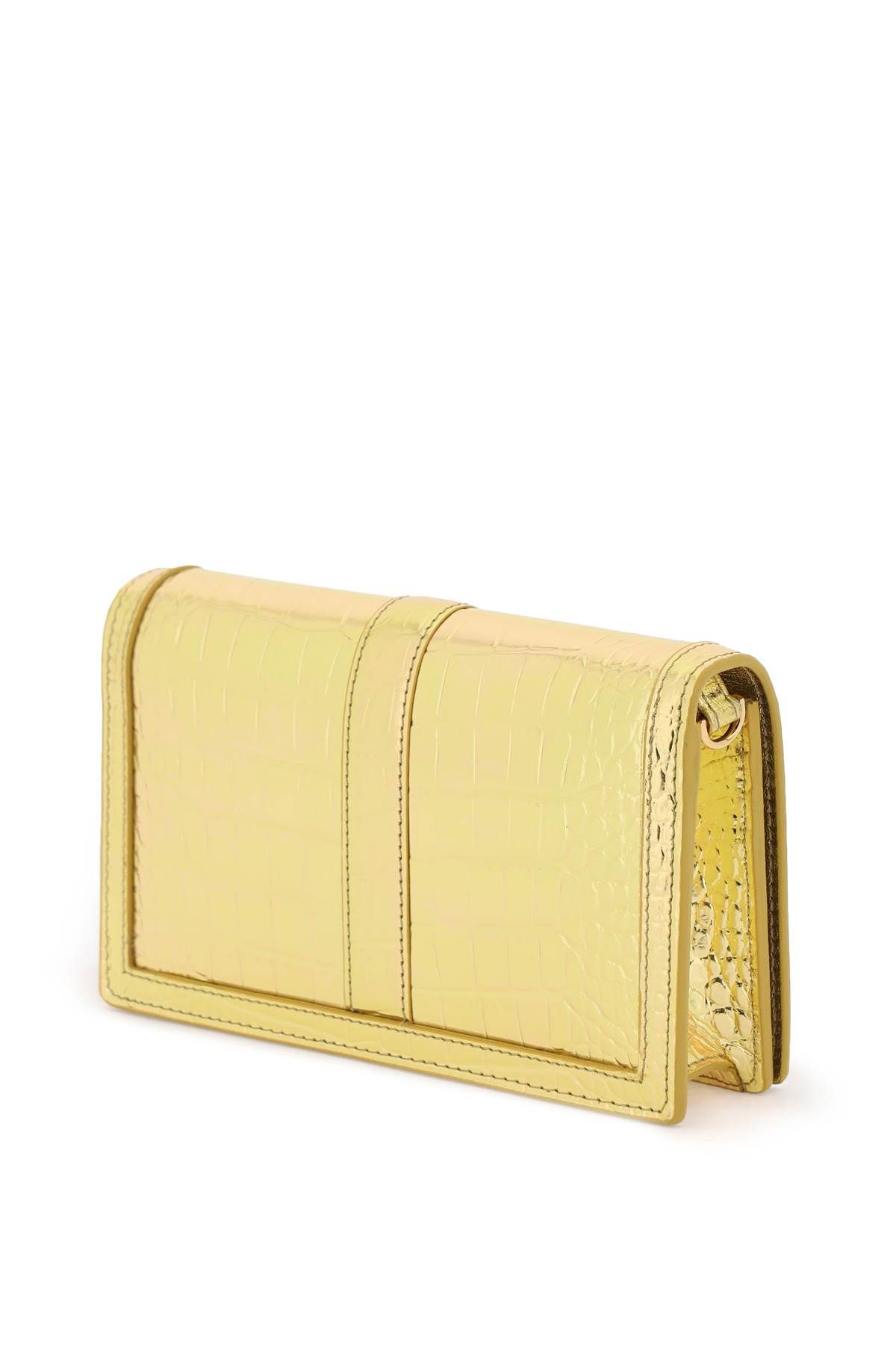 Shop Versace Croco-embossed Leather Greca Goddes Crossbody Bag In Gold