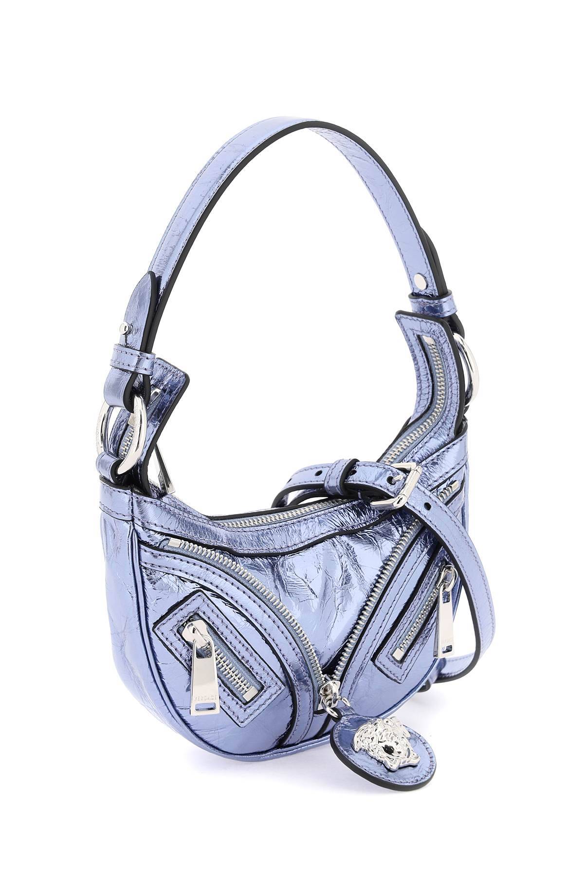 Shop Versace Metallic Leather 'repeat' Mini Hobo Bag In Metallic,light Blue