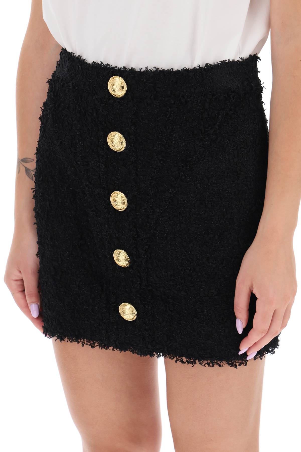 Shop Balmain Mini Skirt In Monochrome Tweed In Black